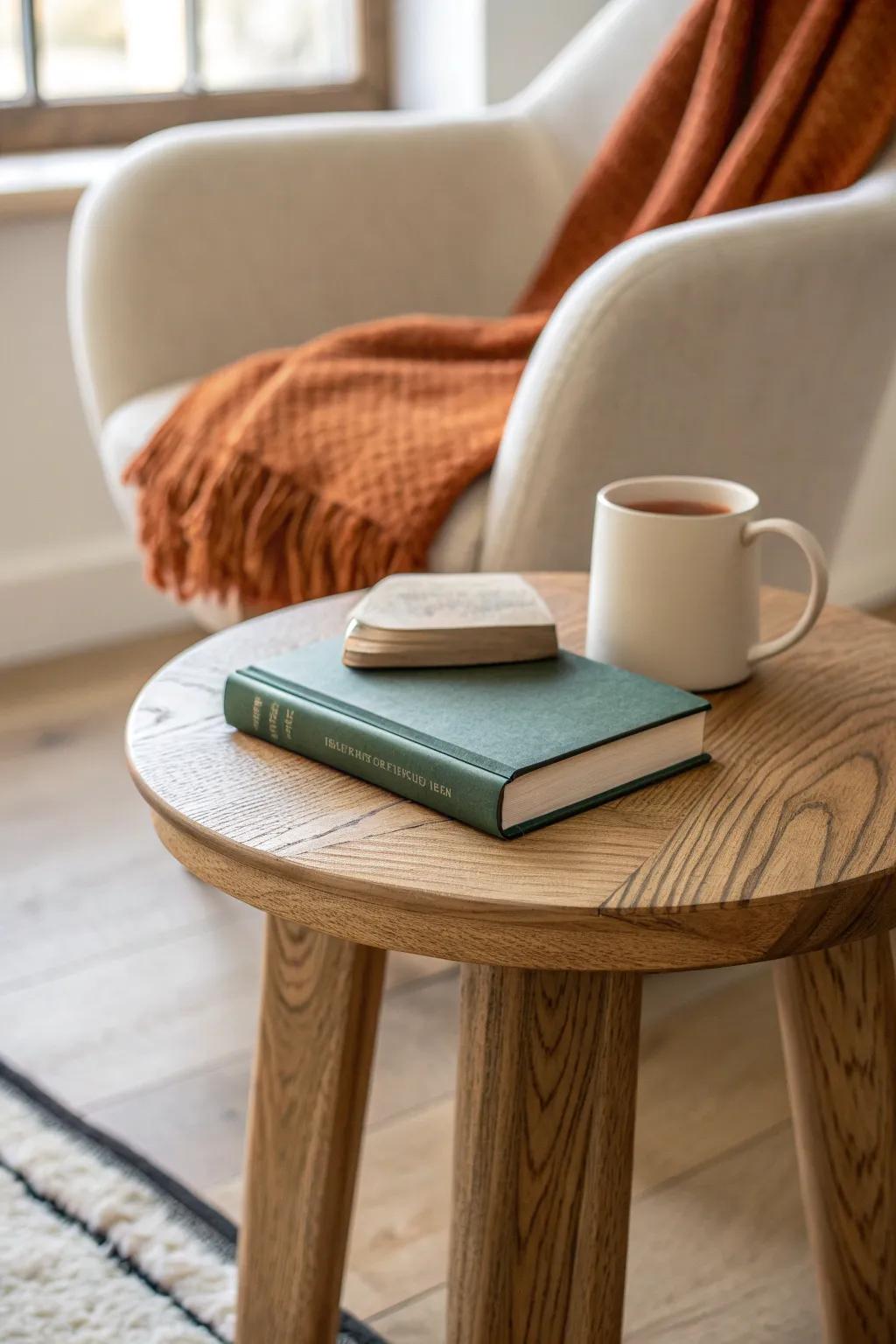 Handcrafted oak side table turns any corner into a cozy reading nook for writerly breaks.