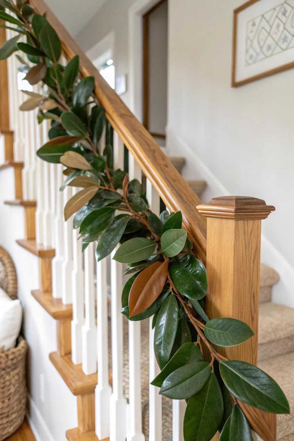 Bold magnolia leaves turn a simple wood banister into an elegant, year‑round farmhouse statement.