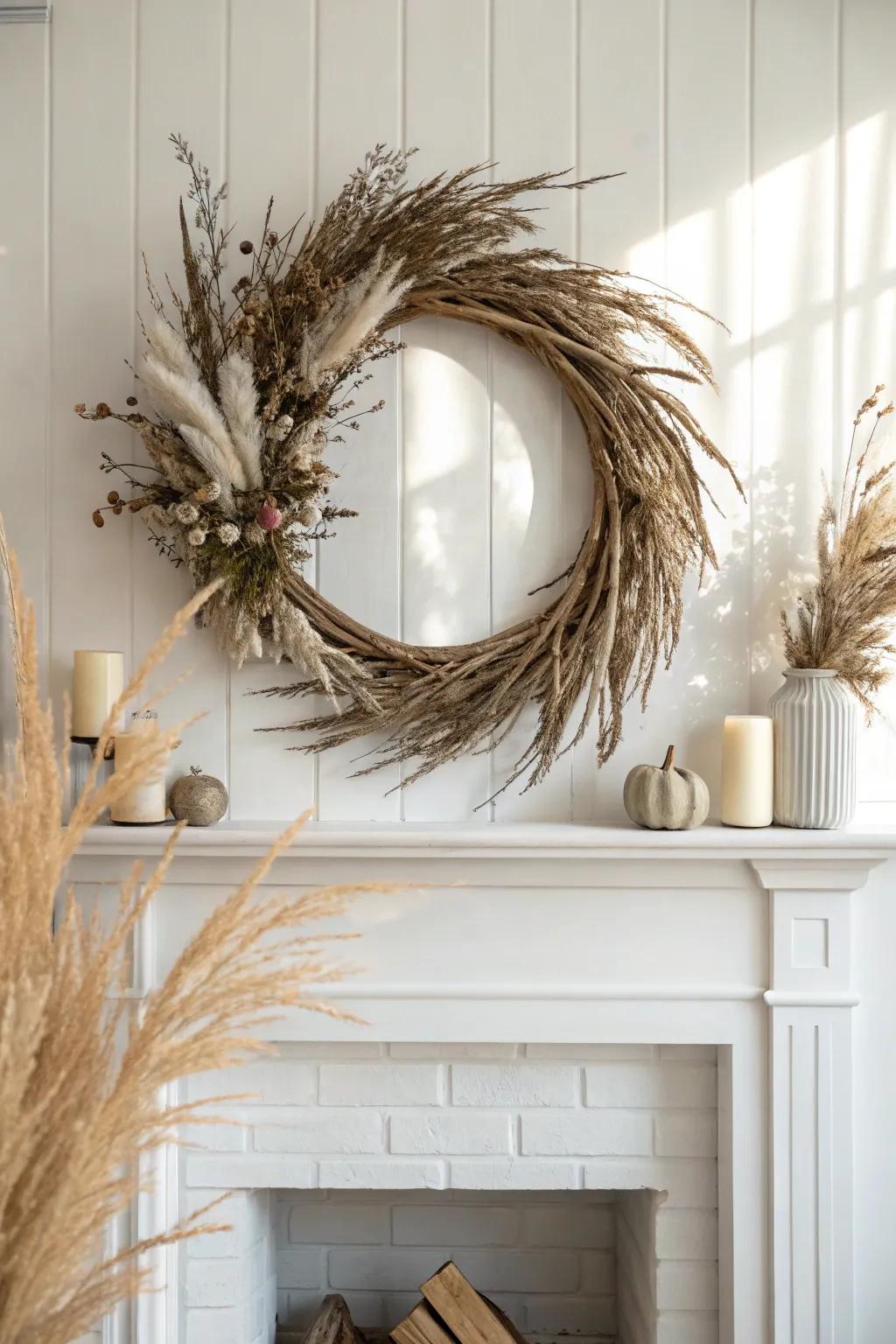 A simple twig-and-dried-stem wreath instantly softens your fireplace with natural texture.