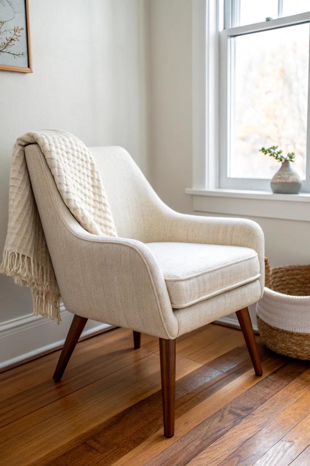 Mid-century bedroom accent chair: clean curves, tapered wooden legs, and airy minimal style.