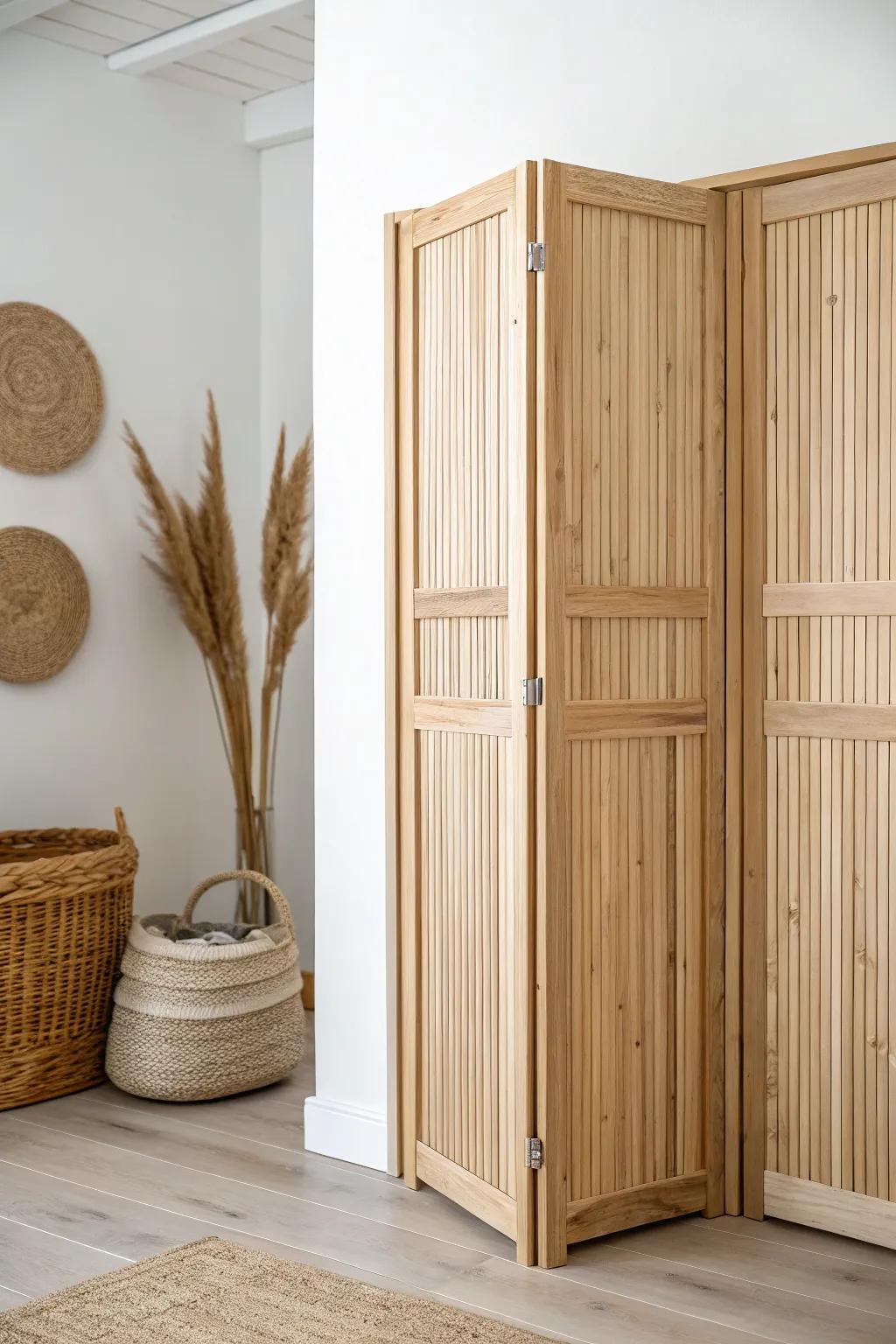 Cottage beadboard accordion door: cozy texture, clean lines, and warm natural wood.