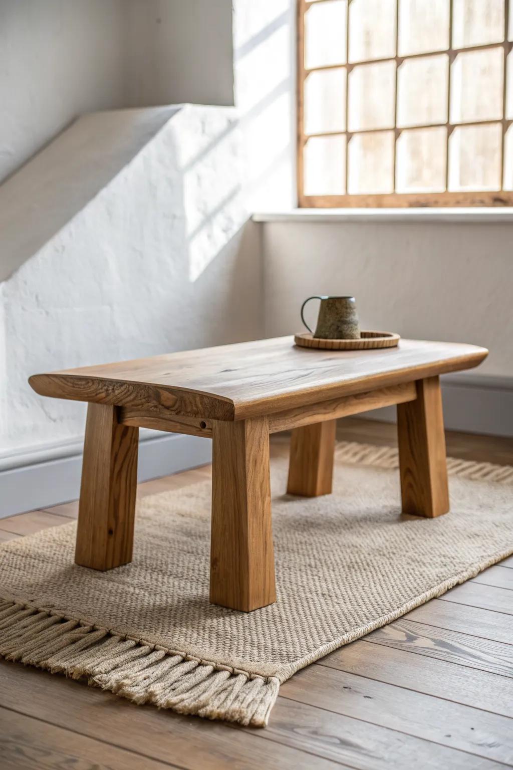 A grounded low altar table in warm oak—perfect height for calm, cushion-seated meditation.
