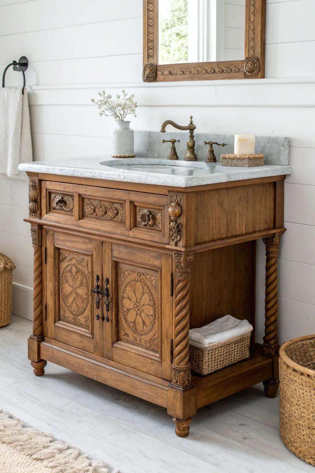 Protect vintage wood with a bright marble-look slab—clean, timeless contrast for any vanity.