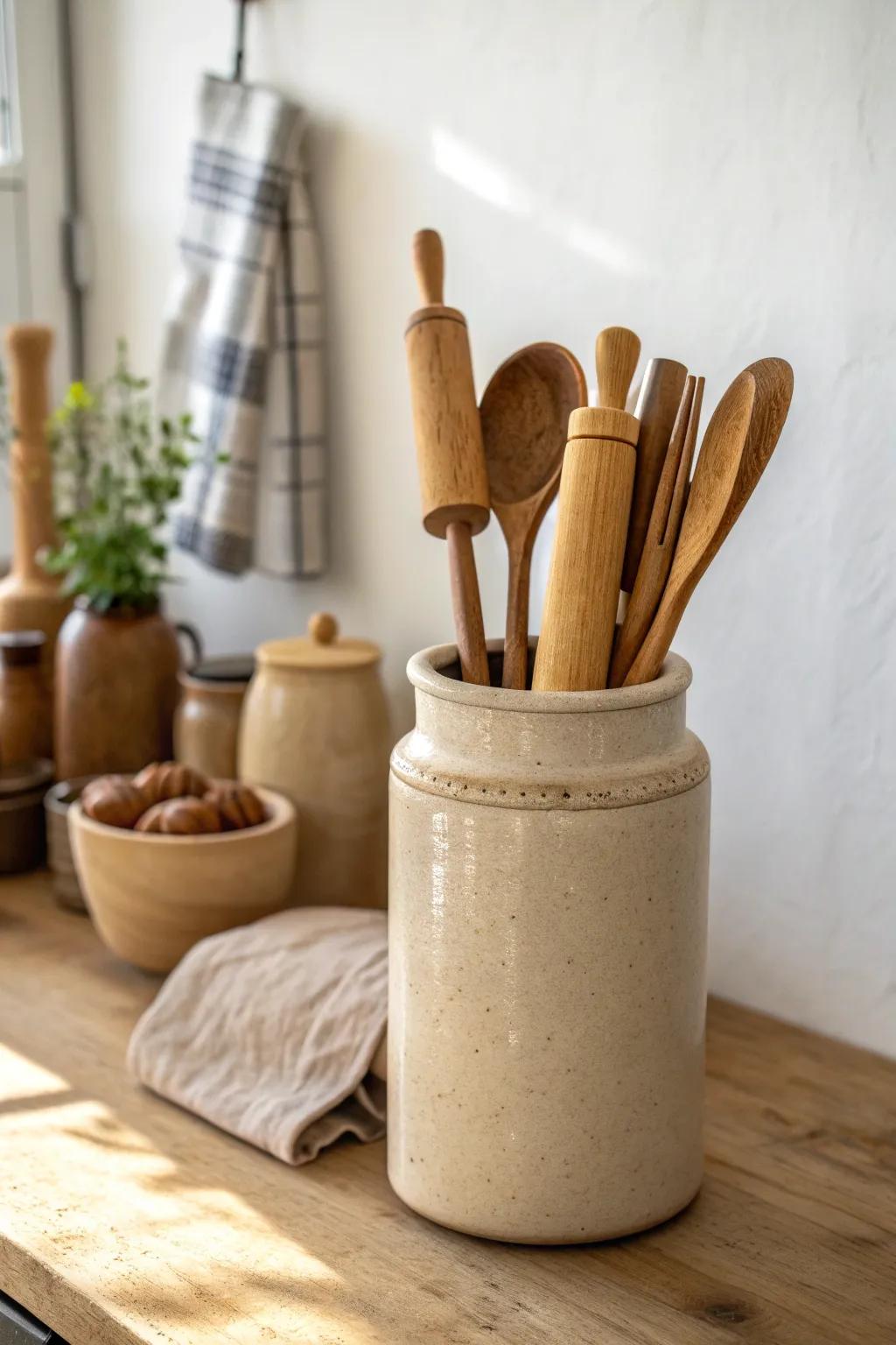 A cozy crock of antique rolling pins—mixed wood tones for a collected, not cluttered look.