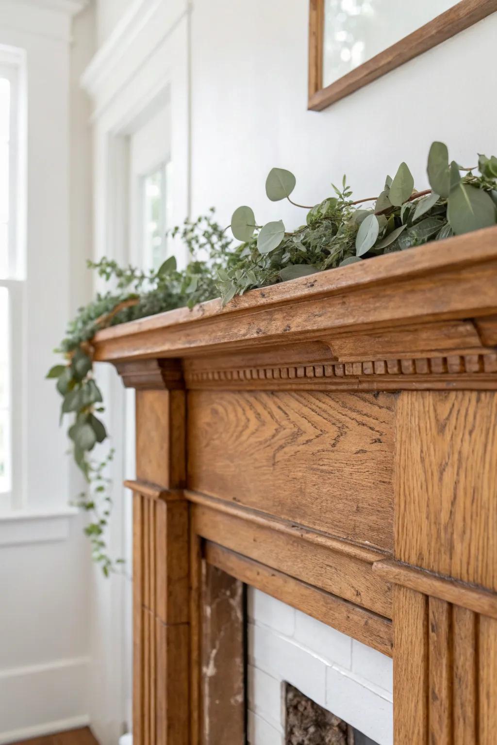 Aged oak mantel + a simple eucalyptus garland—instant cozy cottage warmth without clutter.