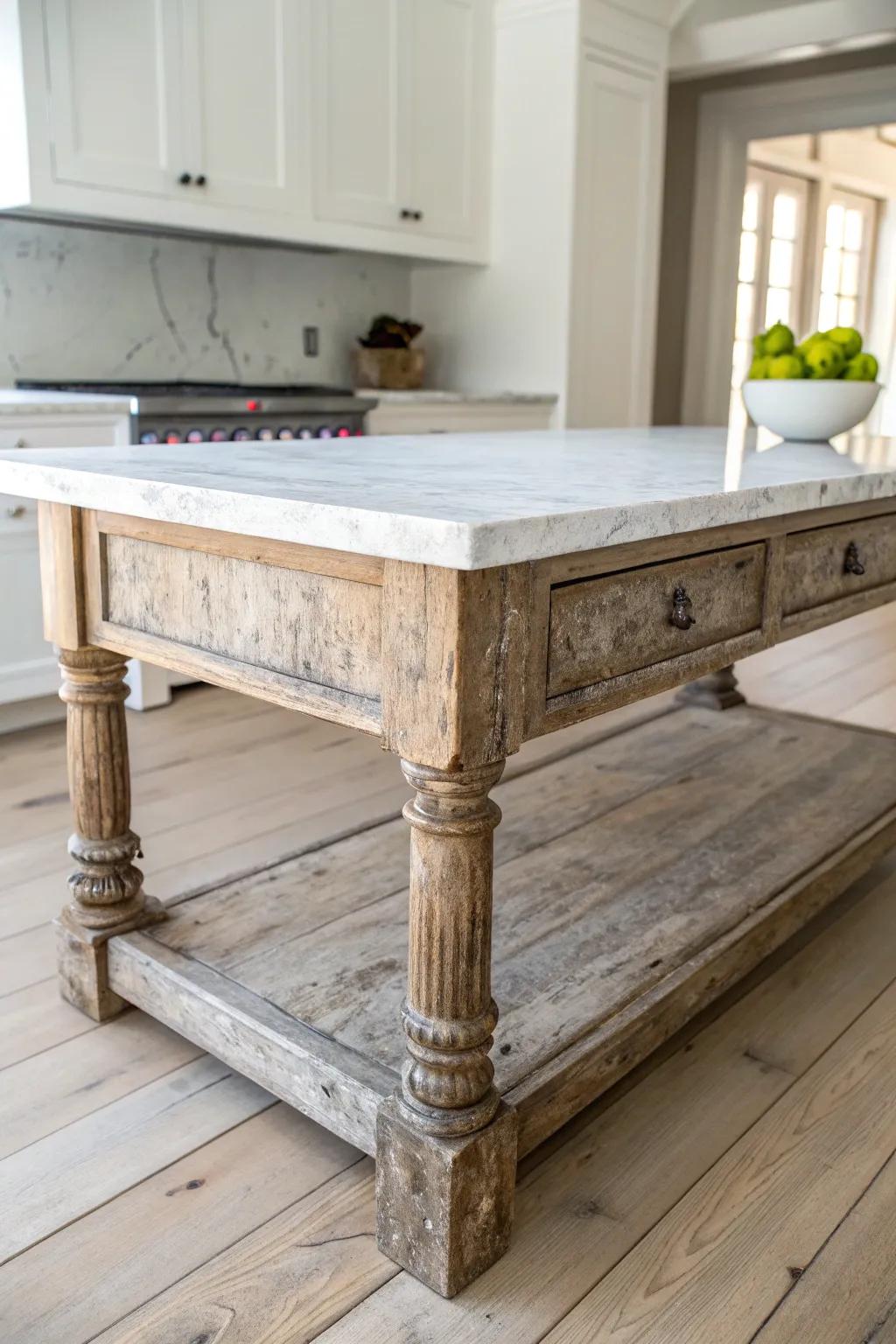 Aged wood and cool marble—an antique island look that feels effortlessly high-end.