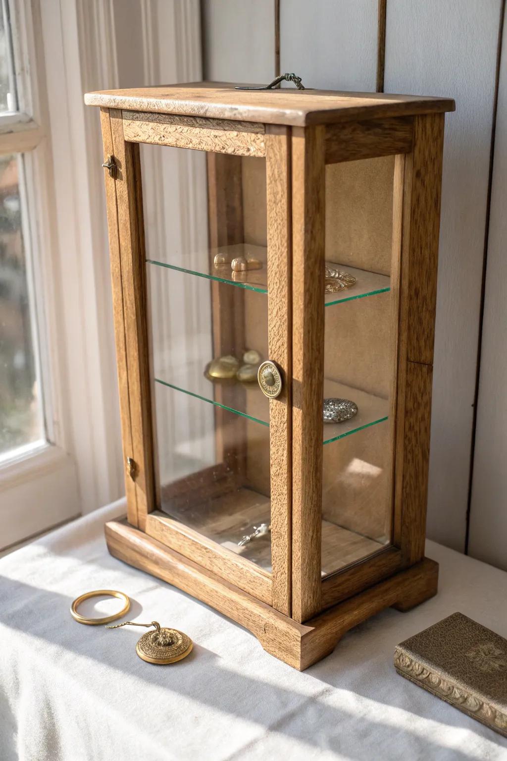 A locked glass-front case makes tiny treasures feel precious—perfect near your shop’s entry.