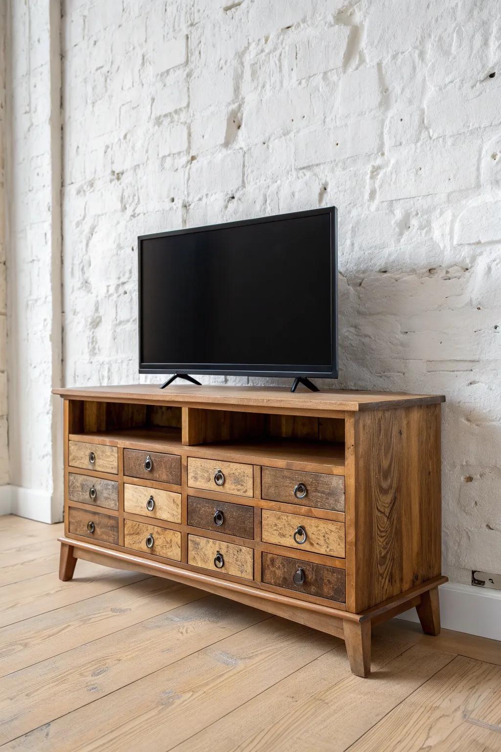 Apothecary-style antique TV stand—tiny drawers to hide every cable, in reclaimed wood charm.