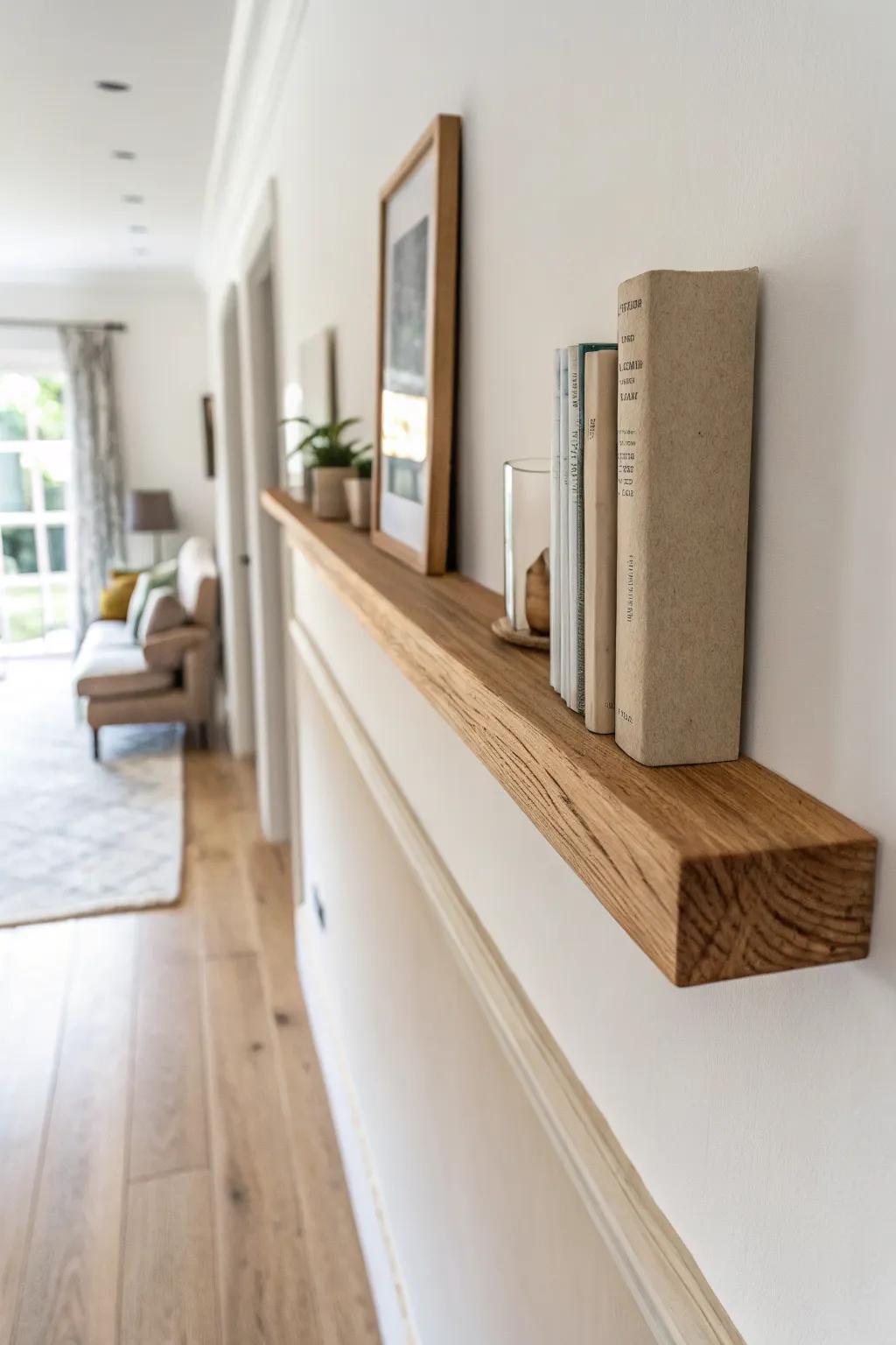 Turn a narrow hallway into a mini library with a slim oak picture ledge for “to-read” stacks.