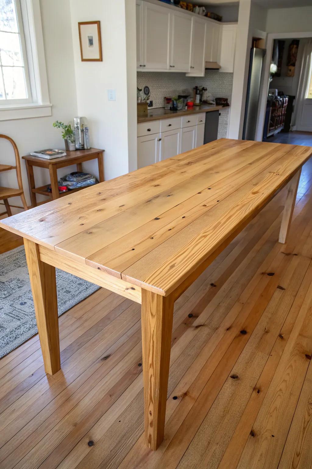 A slim handmade pine table that fits hallway-like dining spaces without blocking the flow.