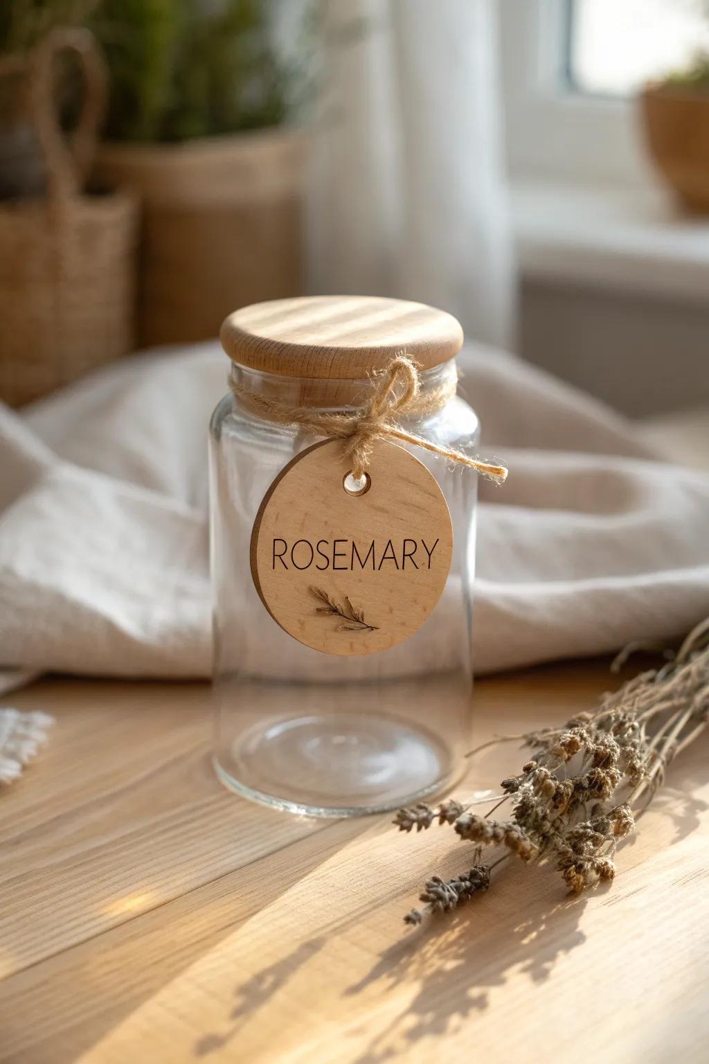 Hand-burned wooden tags add a quiet apothecary charm to minimalist kitchen storage.