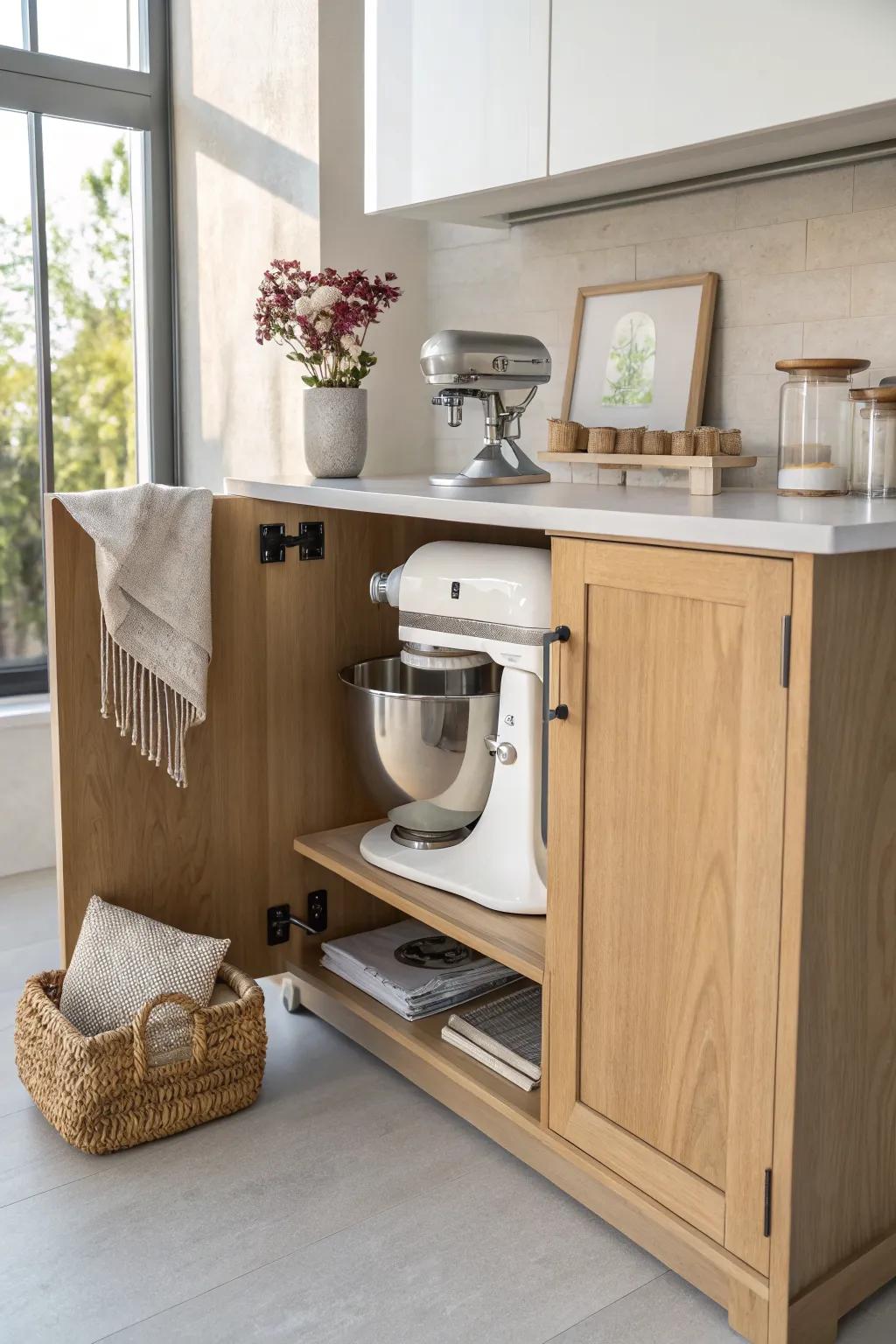 A stand mixer lift cabinet that rises to counter height—beautiful, sleek, and back-saving.
