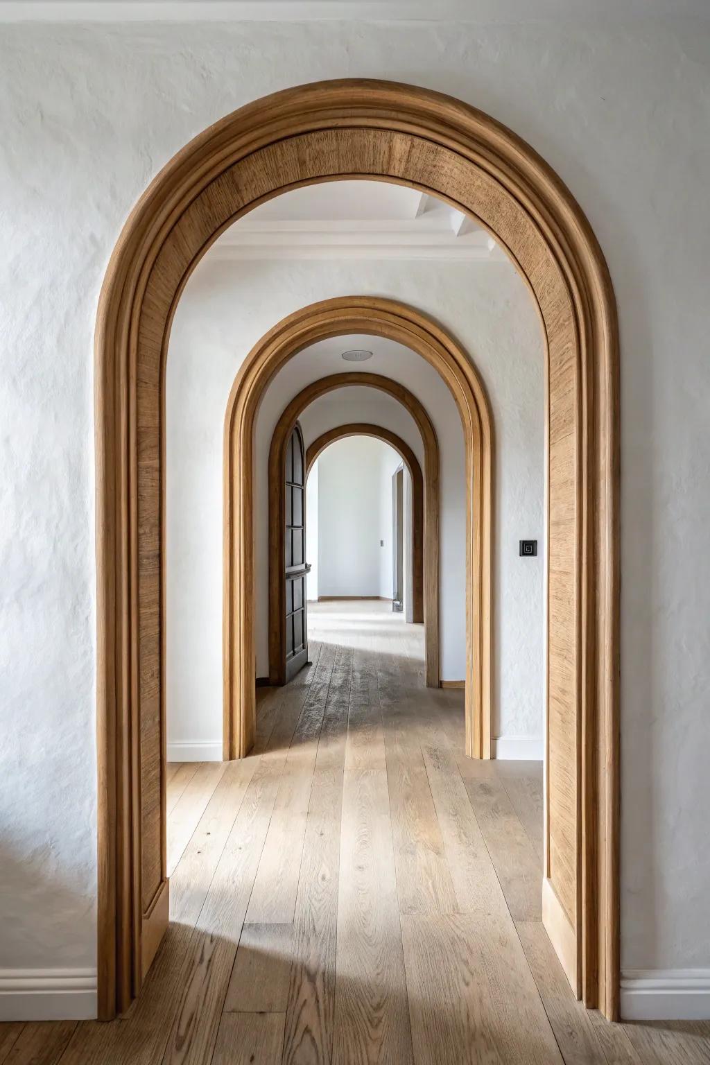 Double oak-trim arches create a high-end, symmetrical passage that instantly elevates a plain hallway.