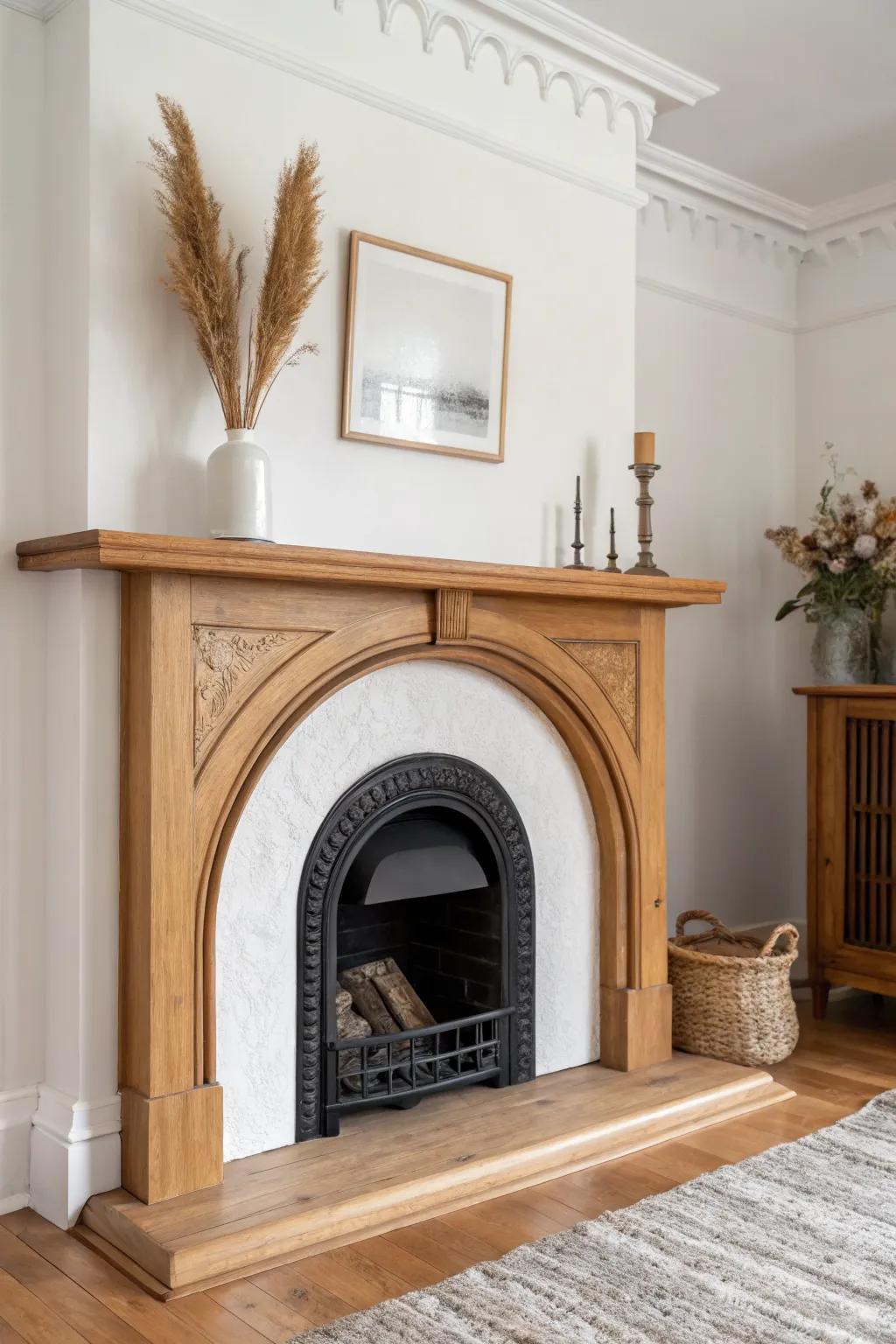 Classic arched wood surround with warm-stained mantel—timeless, minimalist, and cozy.