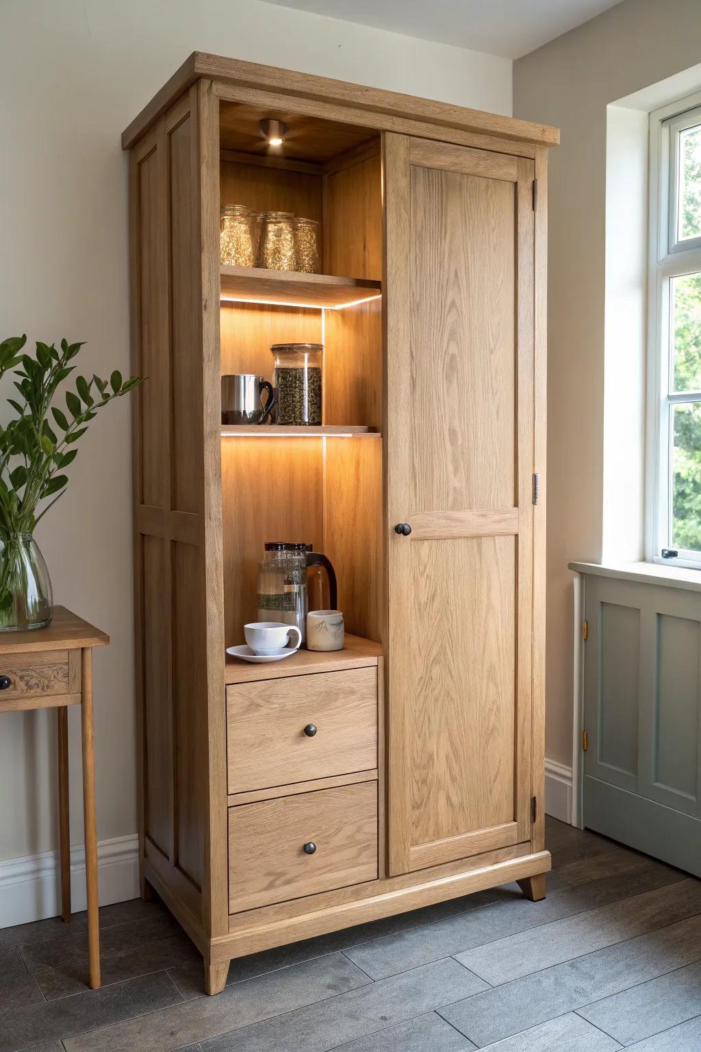 A warm under-shelf glow turns your armoire coffee bar into a calm, morning-ready stage.