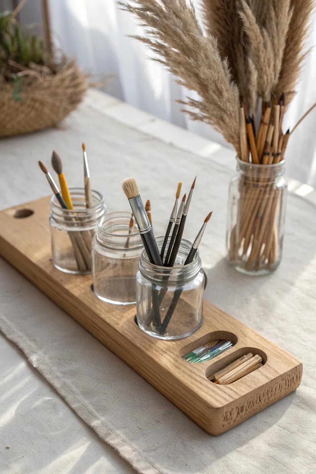 A simple row of glass jars on a wooden board keeps brushes and pencils beautifully sorted.