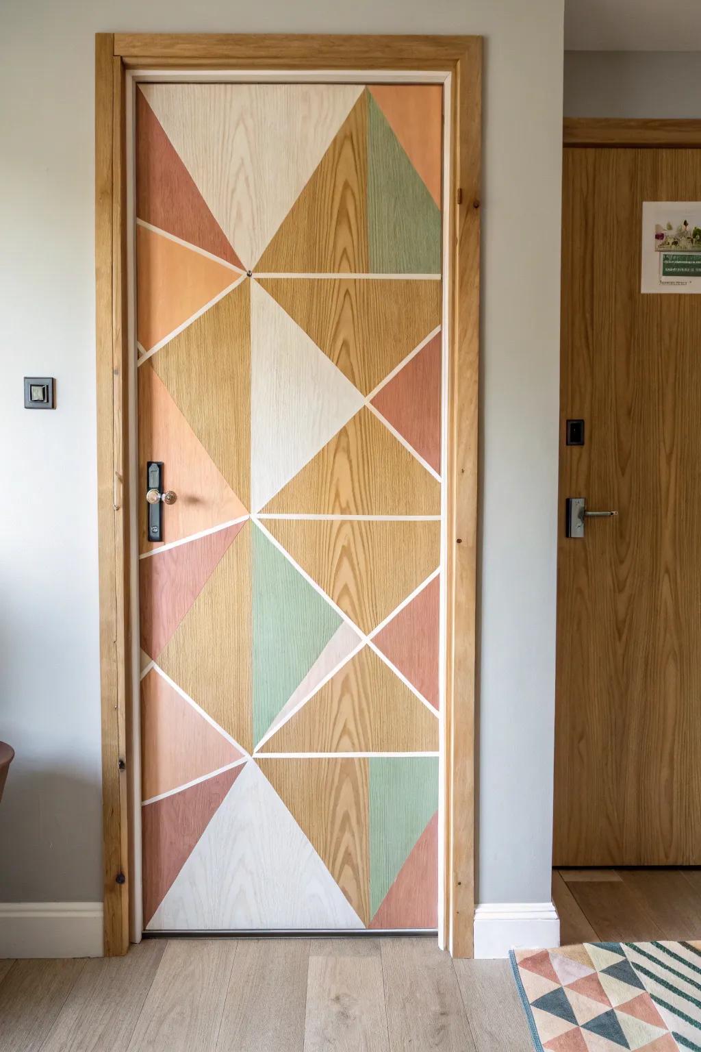 Crisp geometric tape shapes on oak, echoed with painted wood blocks for a modern art door.