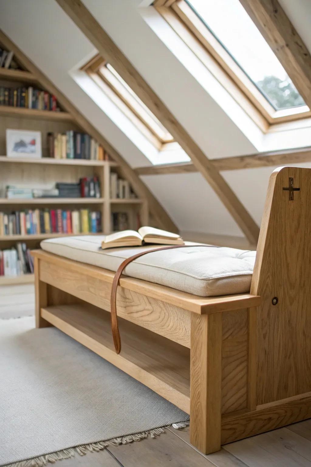 Skylight reading nook: a handcrafted oak bench that glows in natural attic light.