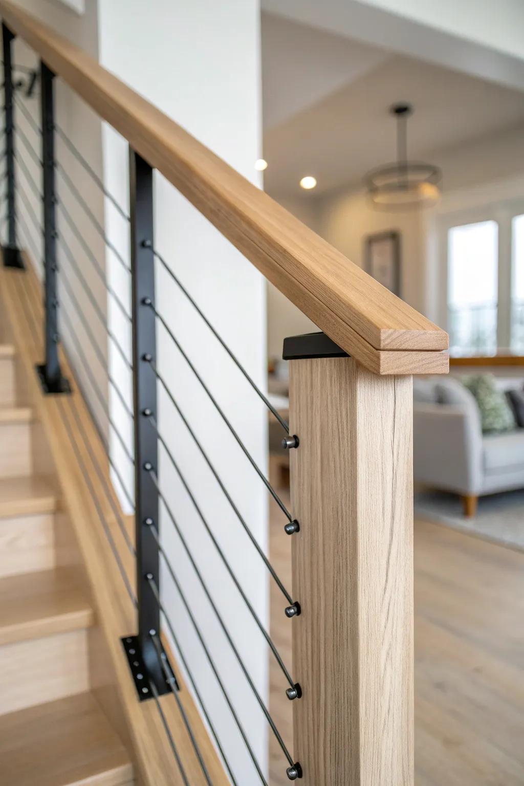 Clean horizontal cable loft railing in oak and black steel—airy, bright, and beautifully precise.