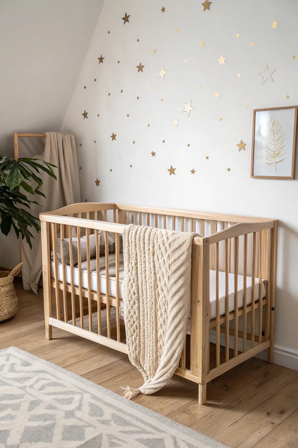 Light oak crib with scattered star decals behind it—minimal effort, maximum nursery magic.