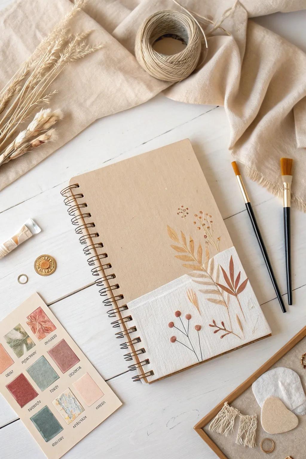Unleash your creativity with a personalized touch: Design your own sketchbook cover with a blend of paint, collage, and fabric.