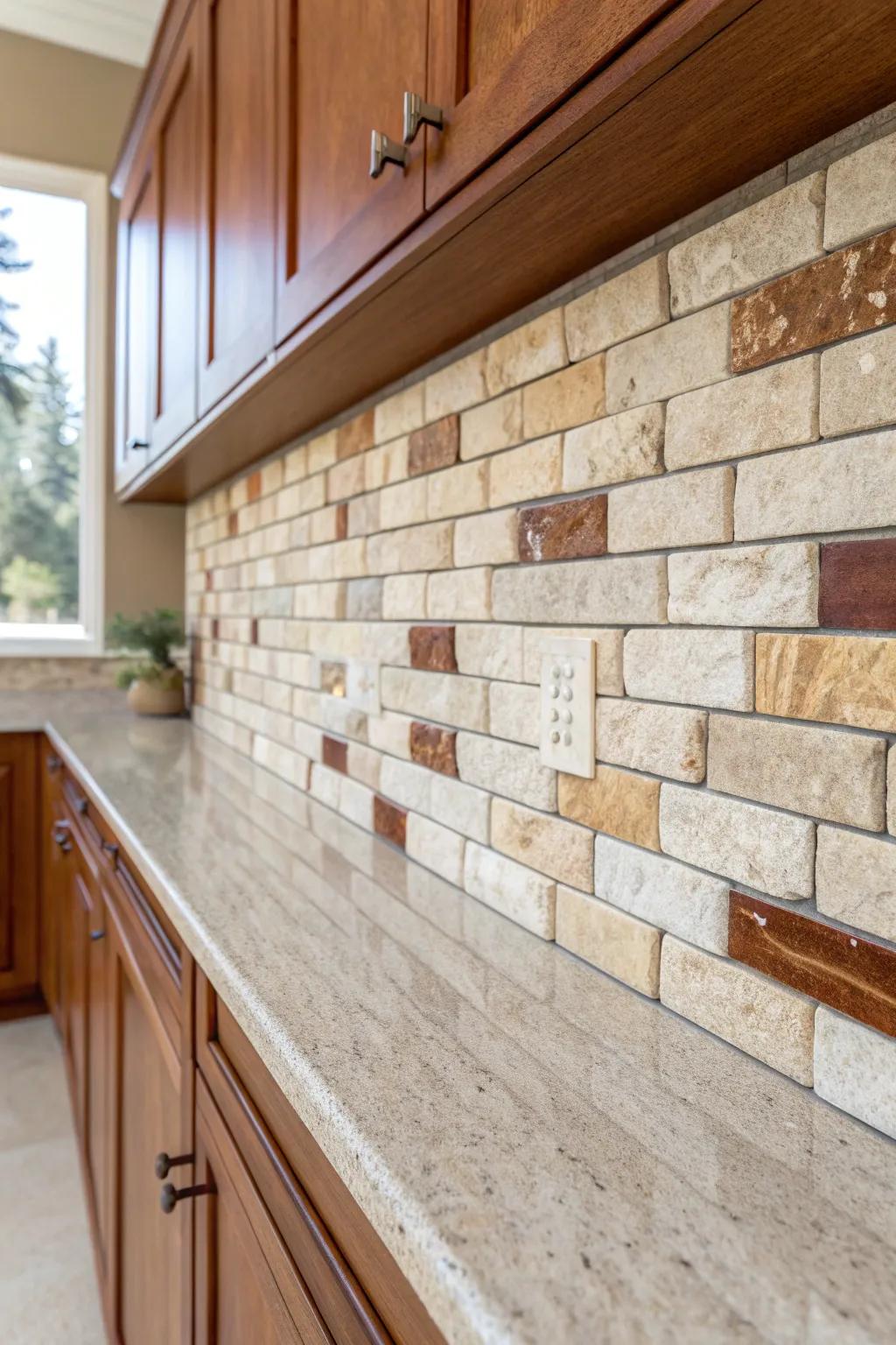 Beige–tan stone mosaic adds timeless warmth and contrast beside rich cherry cabinets.