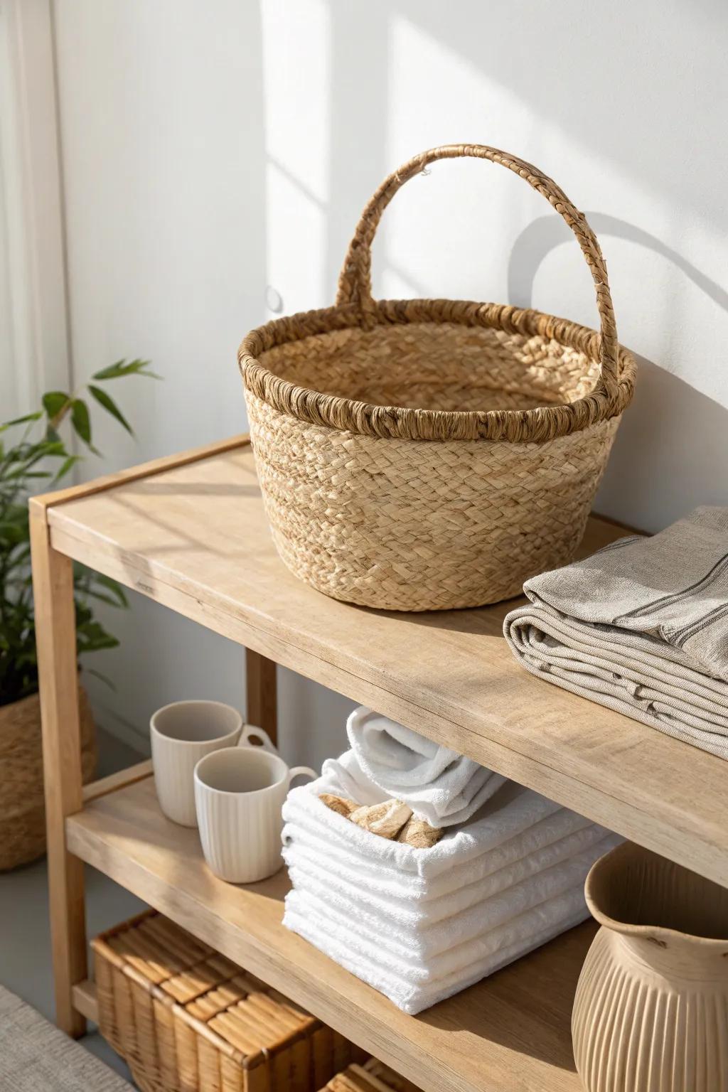Woven baskets keep coffee filters, napkins, and mugs tidy for easy grab-and-go refills.