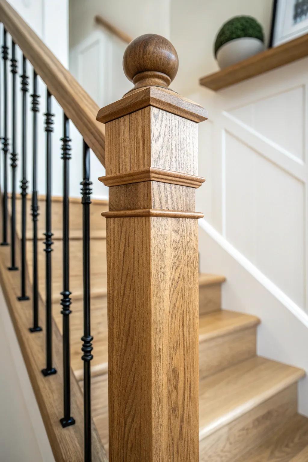 Warm oak newel meets slim black metal balusters—cozy craftsmanship with a sleek edge.