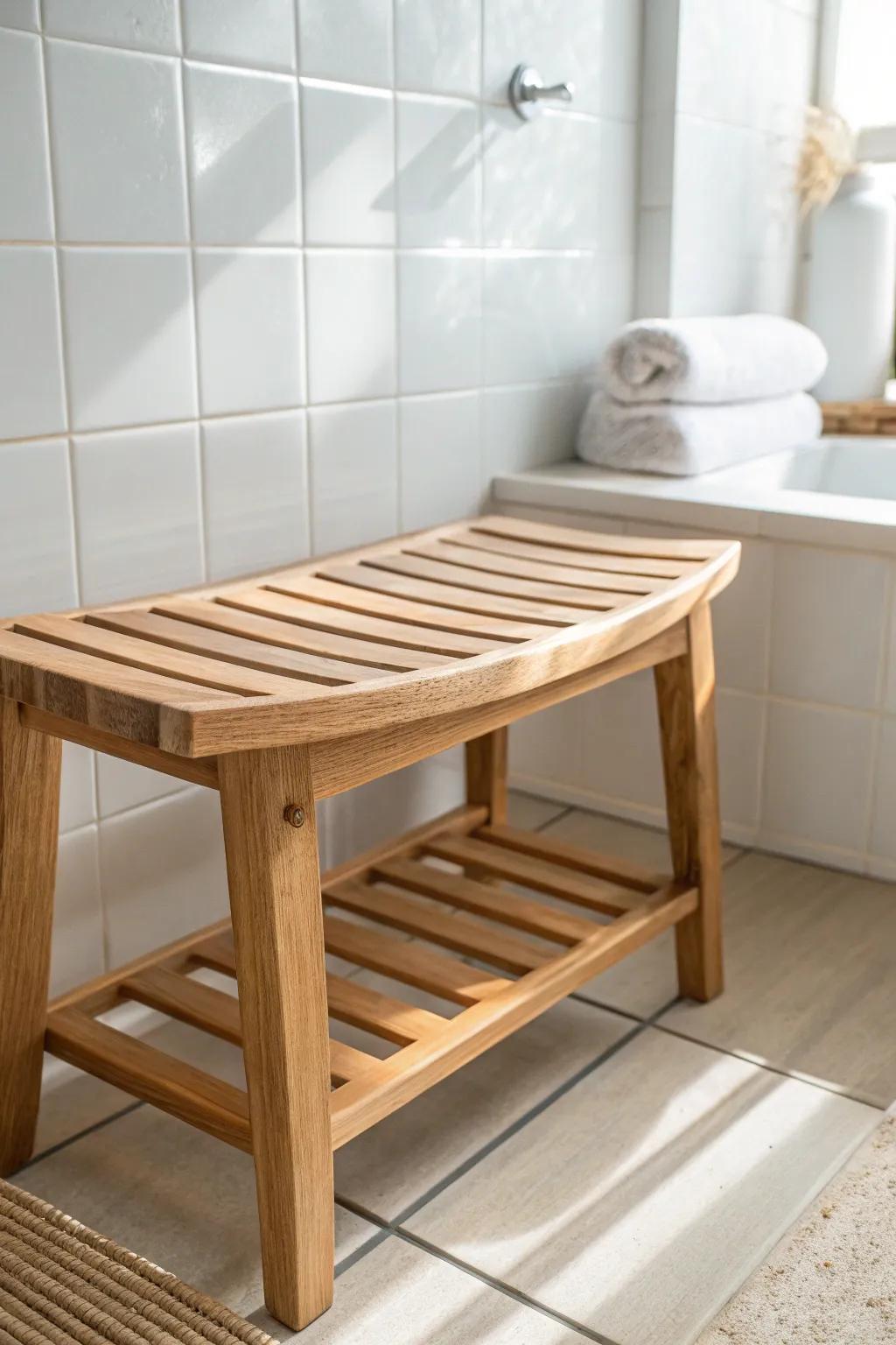 A slatted bamboo shower bench that turns everyday showers into a calm, spa-like ritual.