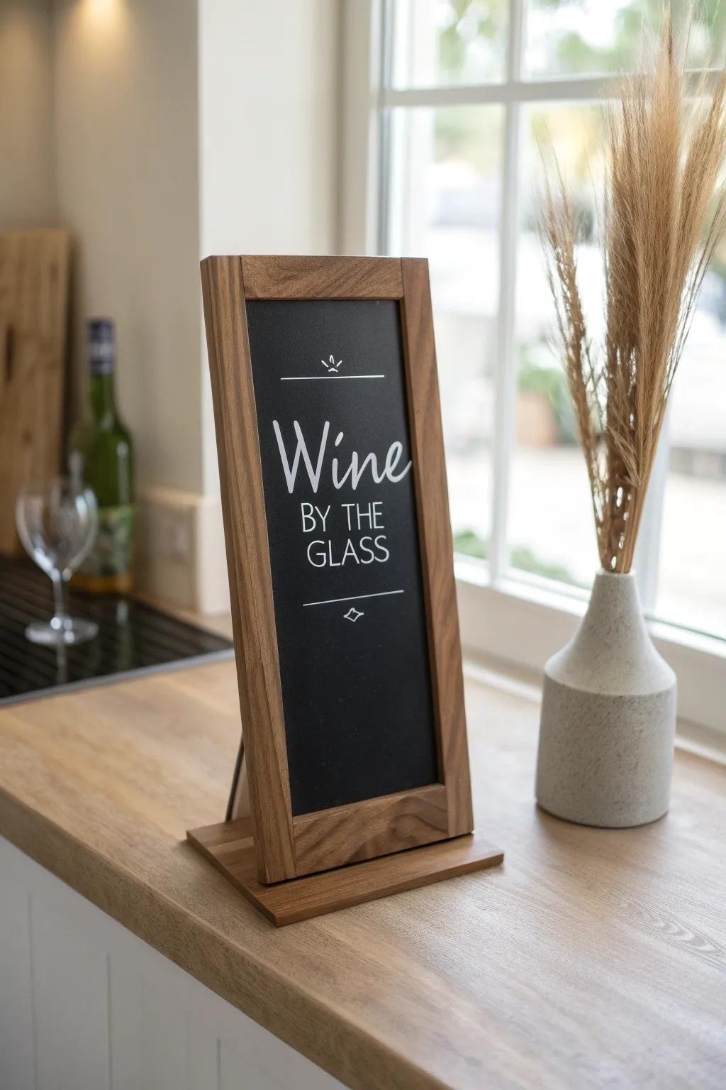 Slim walnut-framed chalkboard bar board—airy “by the glass” menu with crisp white contrast.
