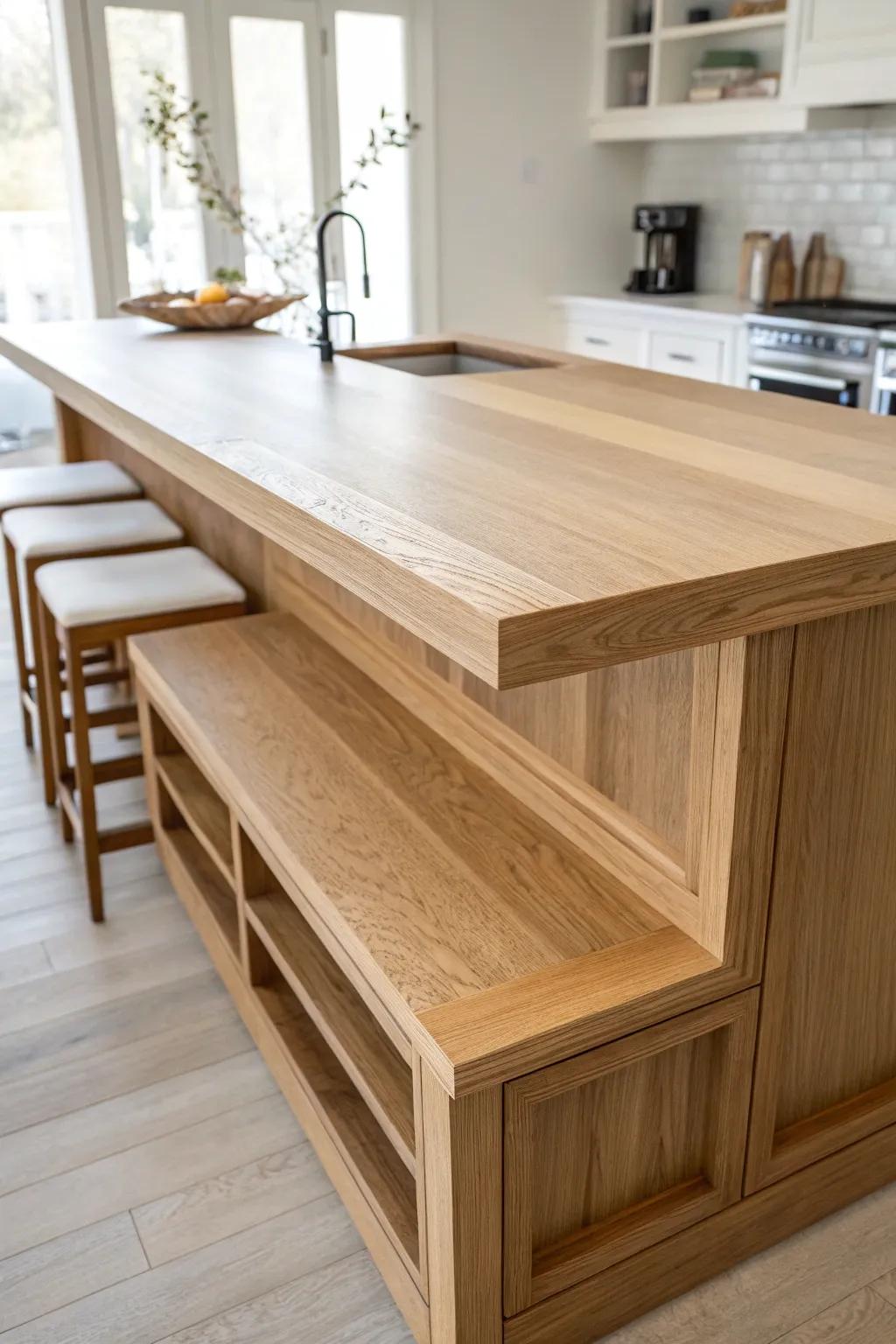Two-tier oak bar top: prep below, serve above—clean lines that keep hosting effortless.