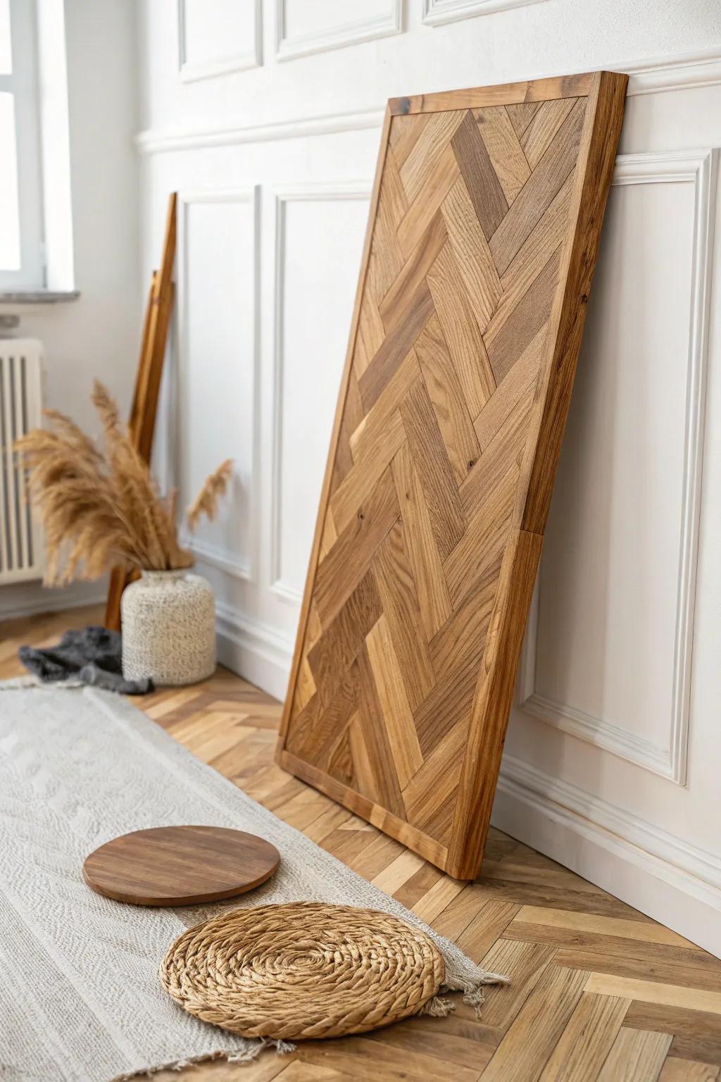 Parquet-style wood blocks bring vintage lounge texture to a bar floor—warm, timeless, chic.
