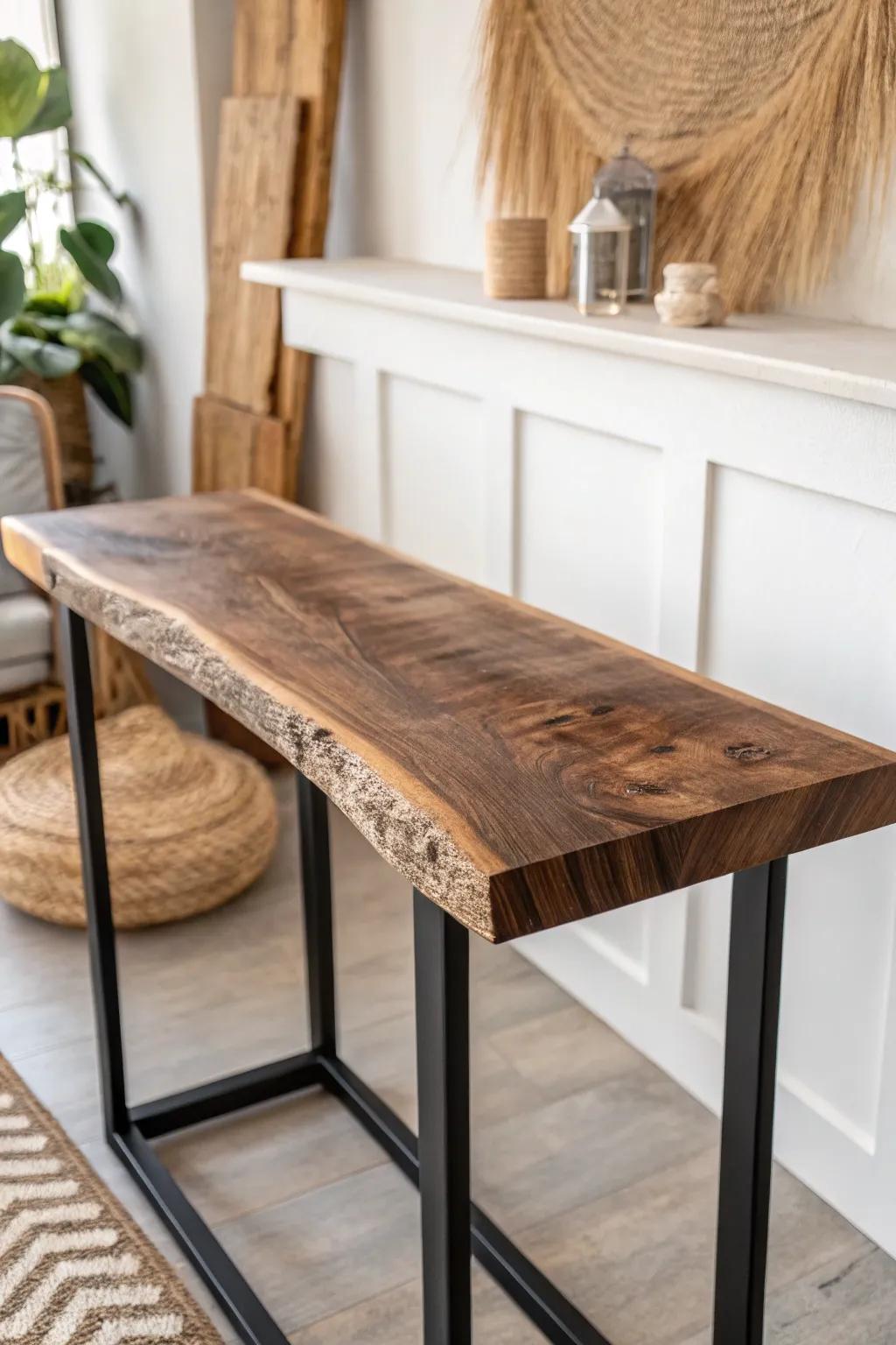 A live-edge walnut bar top that steals the spotlight—grain, knots, and character included.