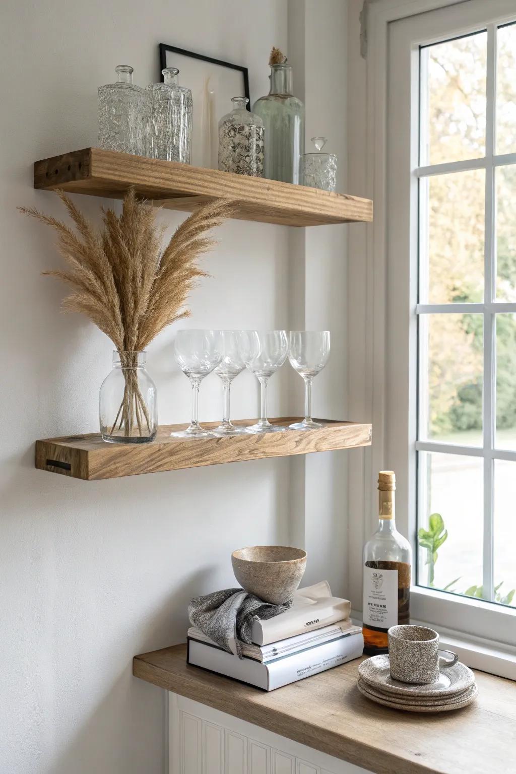 Airy floating oak shelves with brass glass hooks—minimal, warm, and beautifully functional.