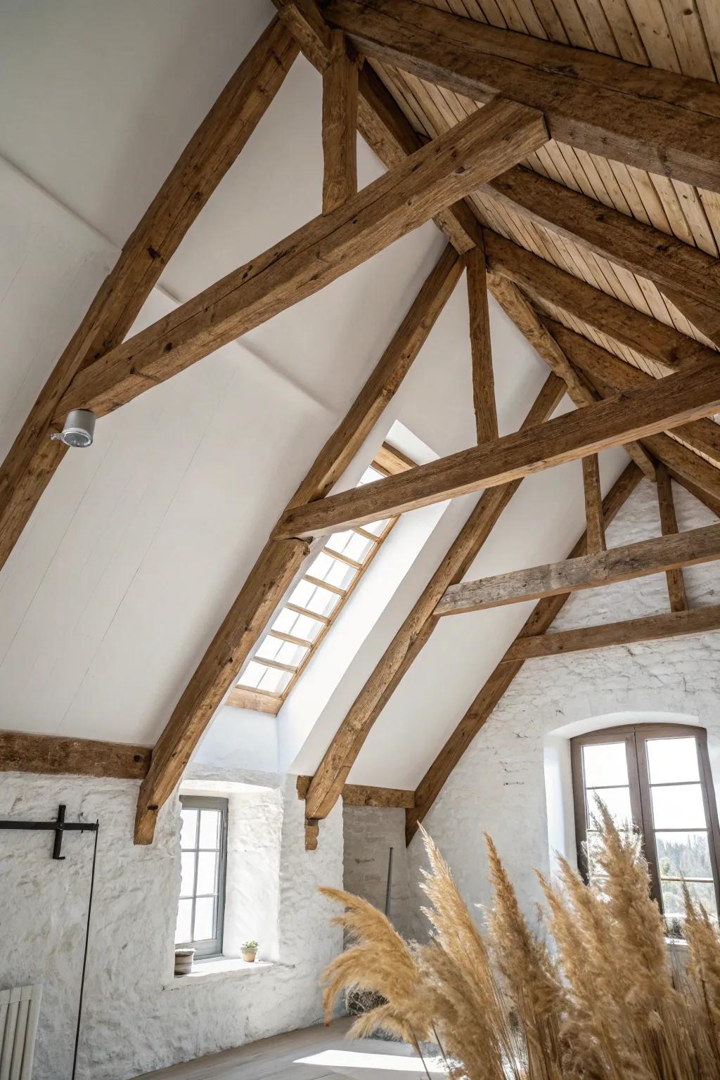 One exposed timber truss adds instant barn drama—warm grain against a bright, minimal ceiling.