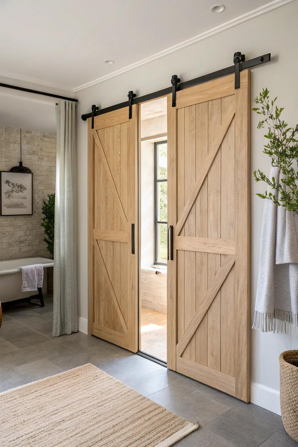 Double sliding barn doors in light oak—balanced, space-saving, and made for wider showers.