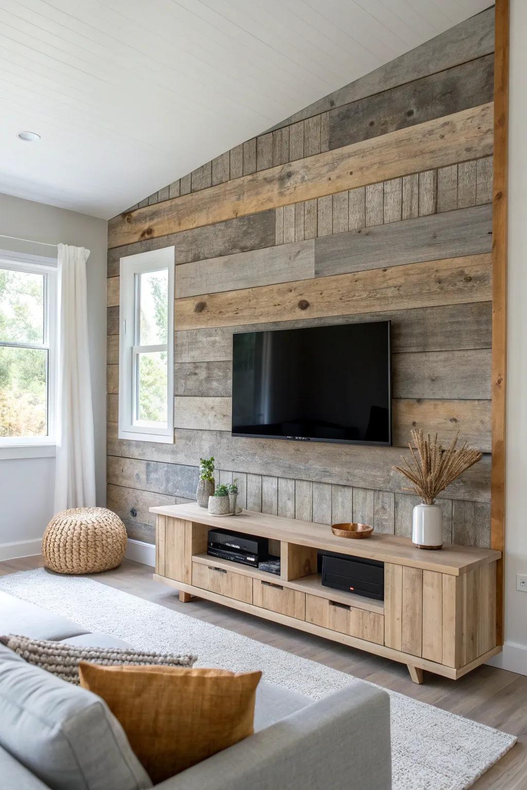 A reclaimed barn wood TV wall that adds warmth, texture, and a cozy focal point—minimal and timeless.