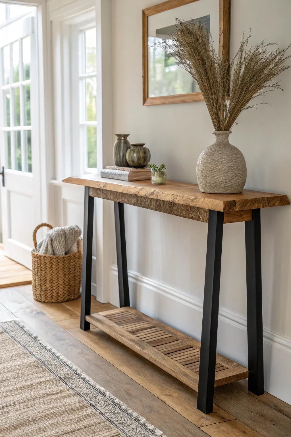 Slim console table with a rustic barrel-stave top—warm texture and clean Scandinavian lines.