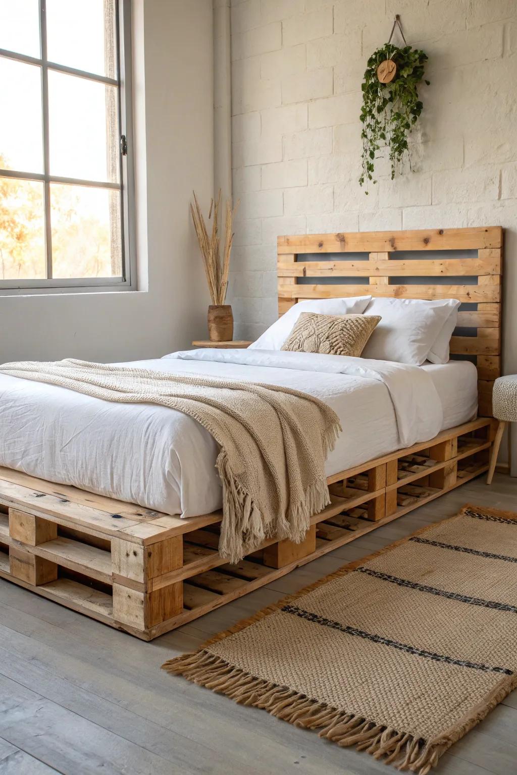 Base para cama de pallet con cabecero a juego: minimalista, cálida y con aire boho.