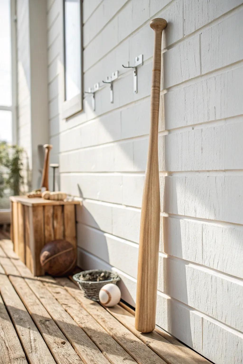 Floating minimalist brackets make a wooden bat look like it’s hovering—clean, intentional, modern.