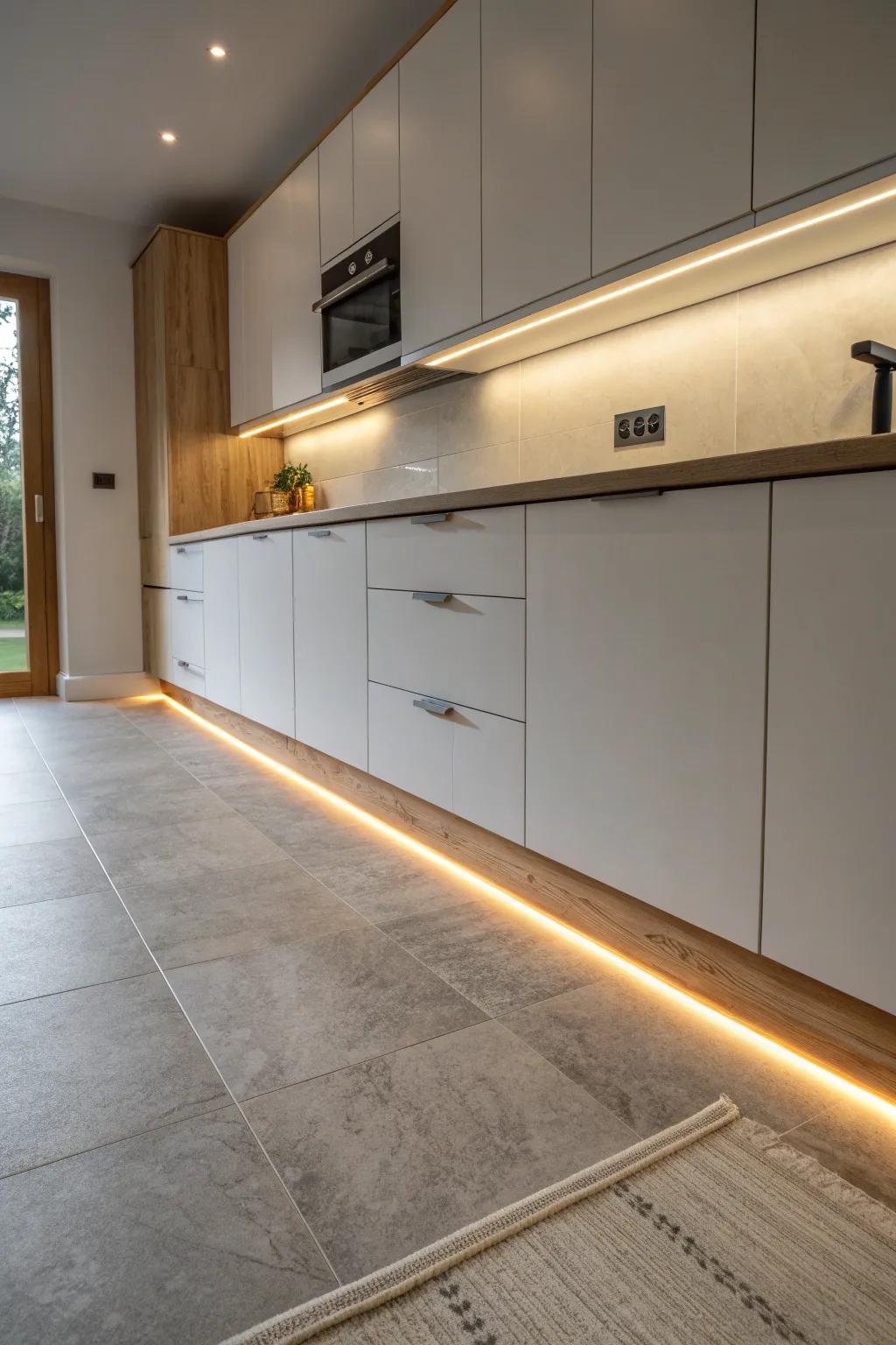 Warm toe-kick LED glow makes cabinets float—soft, diffused light for quiet midnight snacks.