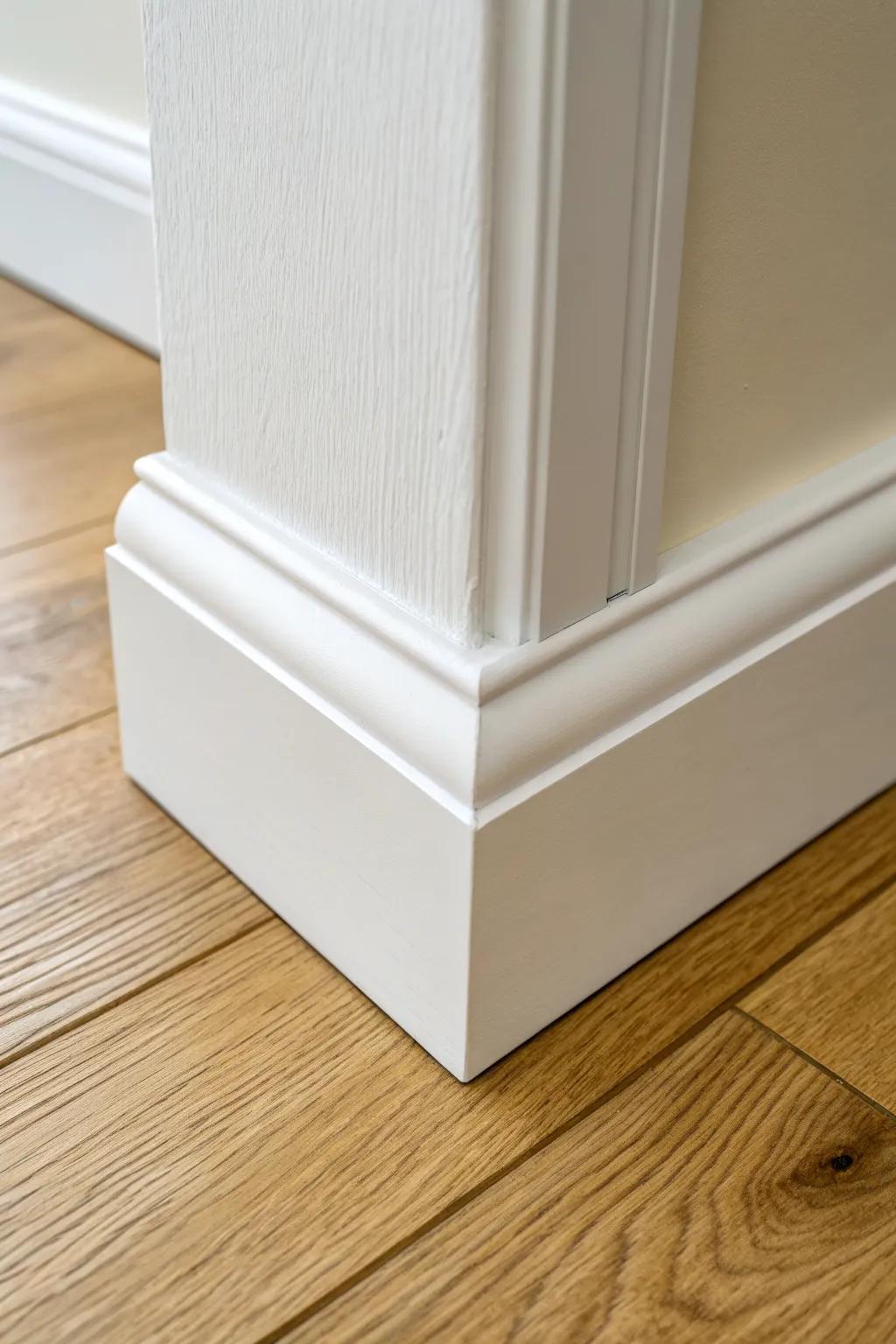 Coped inside corner baseboard: a seamless, gap-free transition that stays tight year-round.