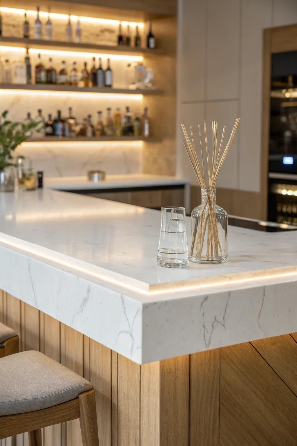 Bright white stone-look bar top that lifts a dim basement and pairs beautifully with warm wood.