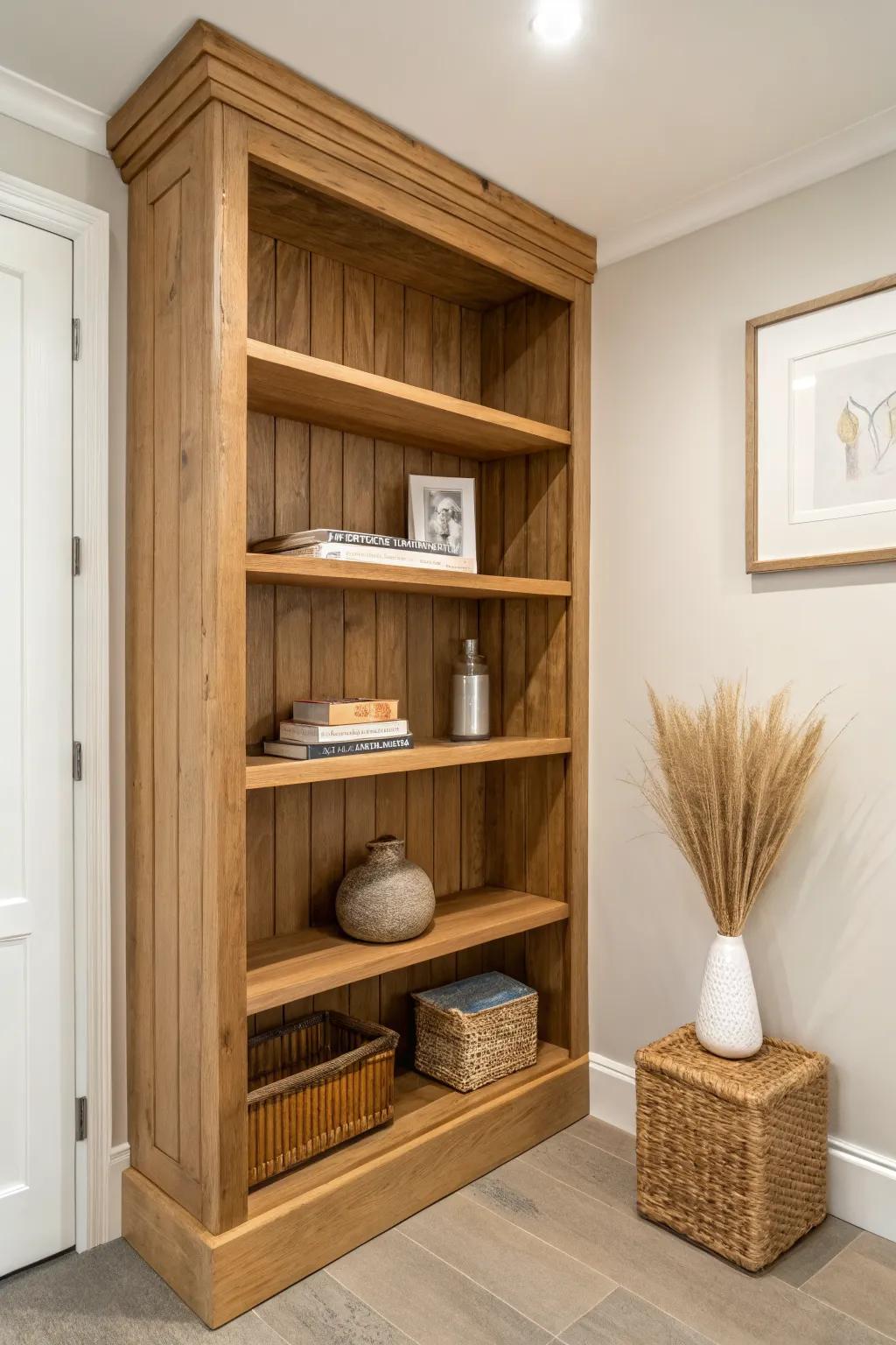 Turn a dead basement corner into a warm L-shaped built-in with beadboard-backed shelves.