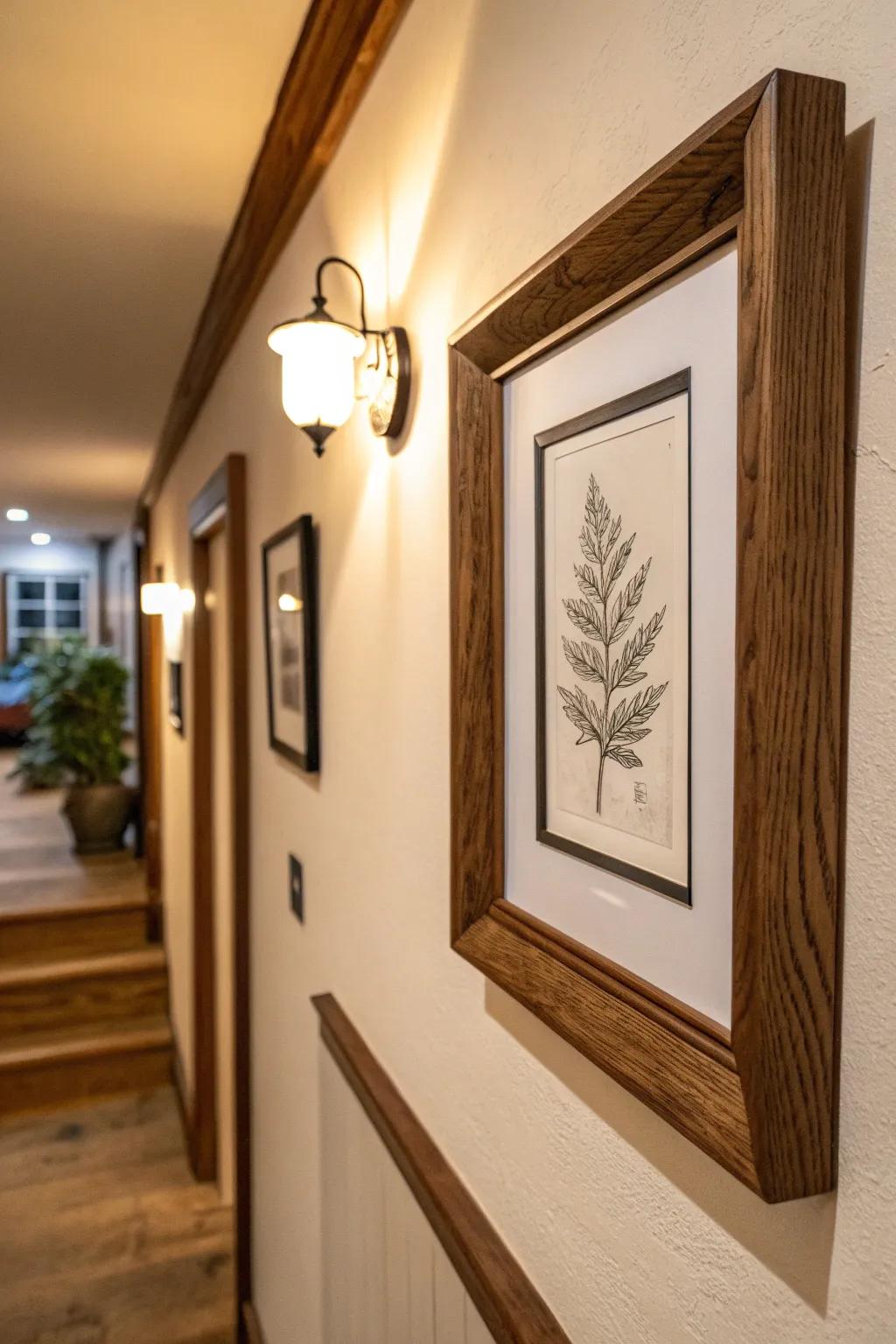 Cohesive stained wood frames turn a basement hallway into a warm, curated story wall.