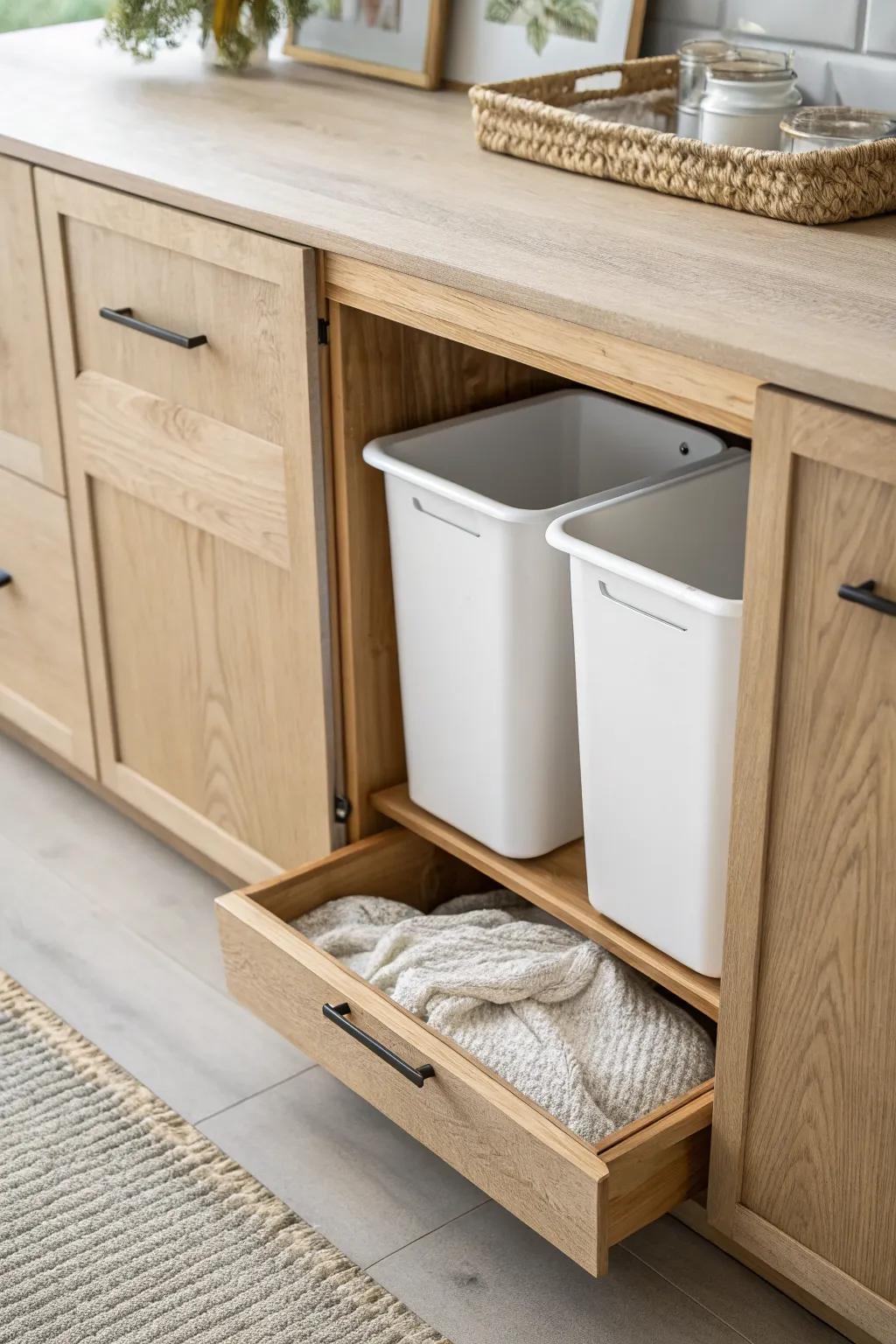 A hidden pull-out trash & recycling drawer keeps your basement island bar calm and party-ready.