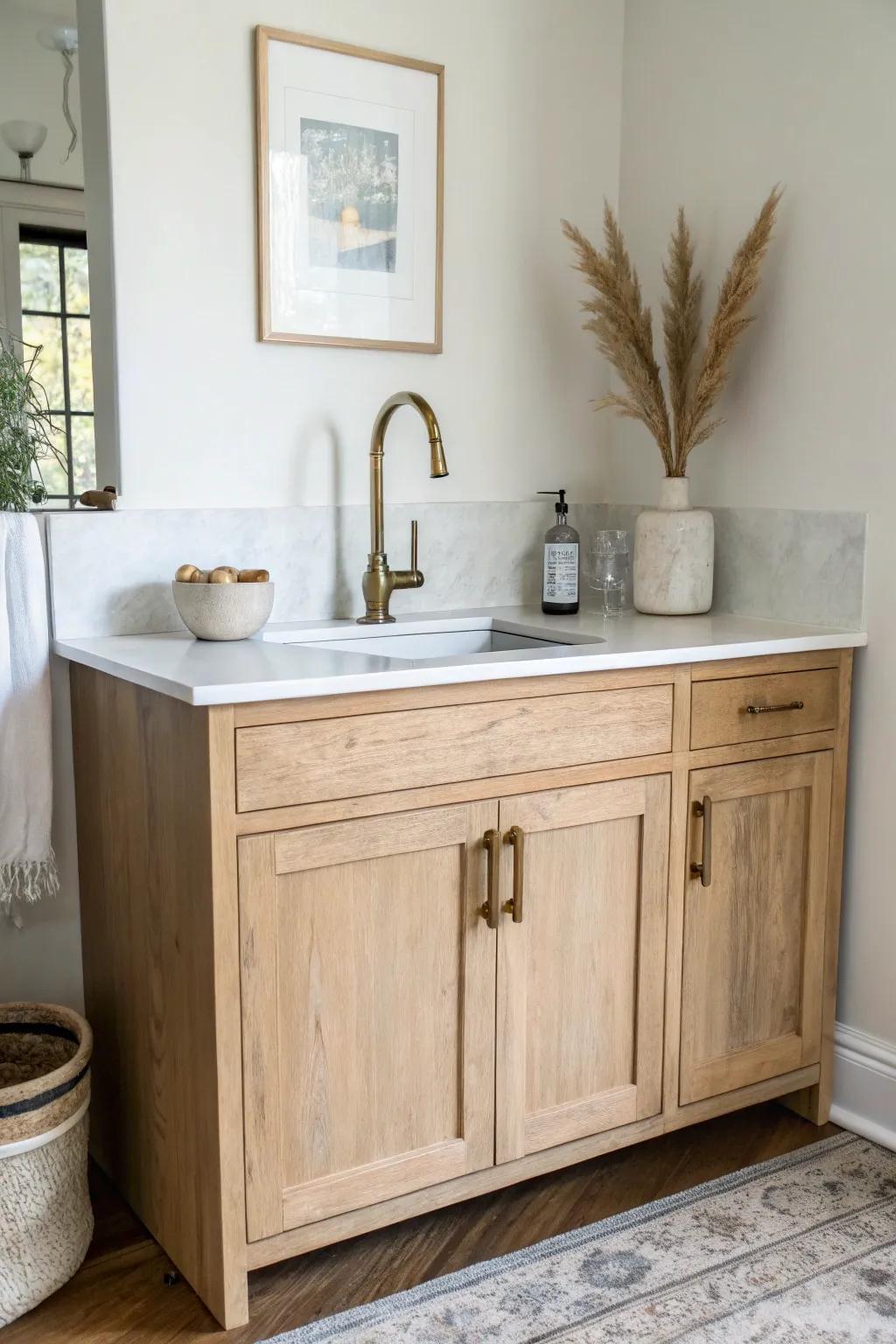 A compact basement wet bar with a prep sink—simple, handmade oak, and ready for hosting.
