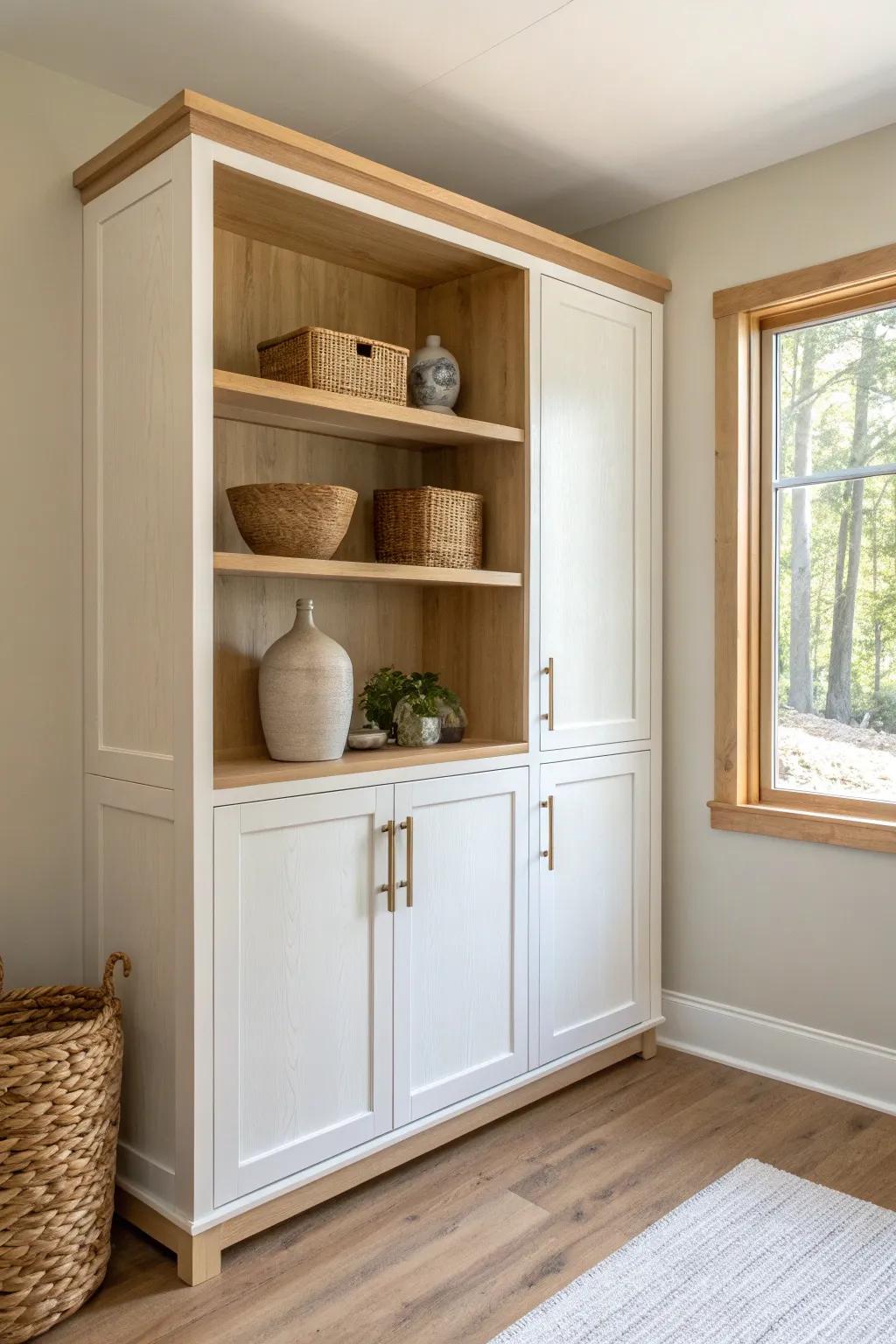Custom built-ins that turn basement clutter into calm, finished-house storage.