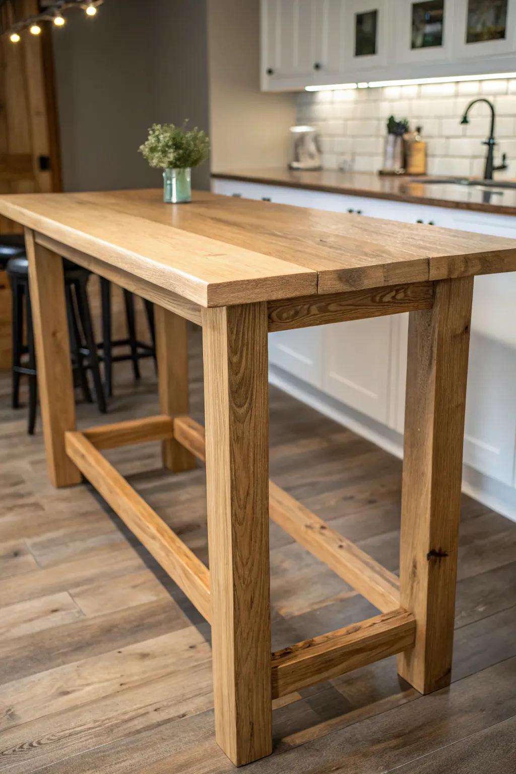 Pub-height basement bar table—simple 2x base and wide-plank top, made for gatherings.