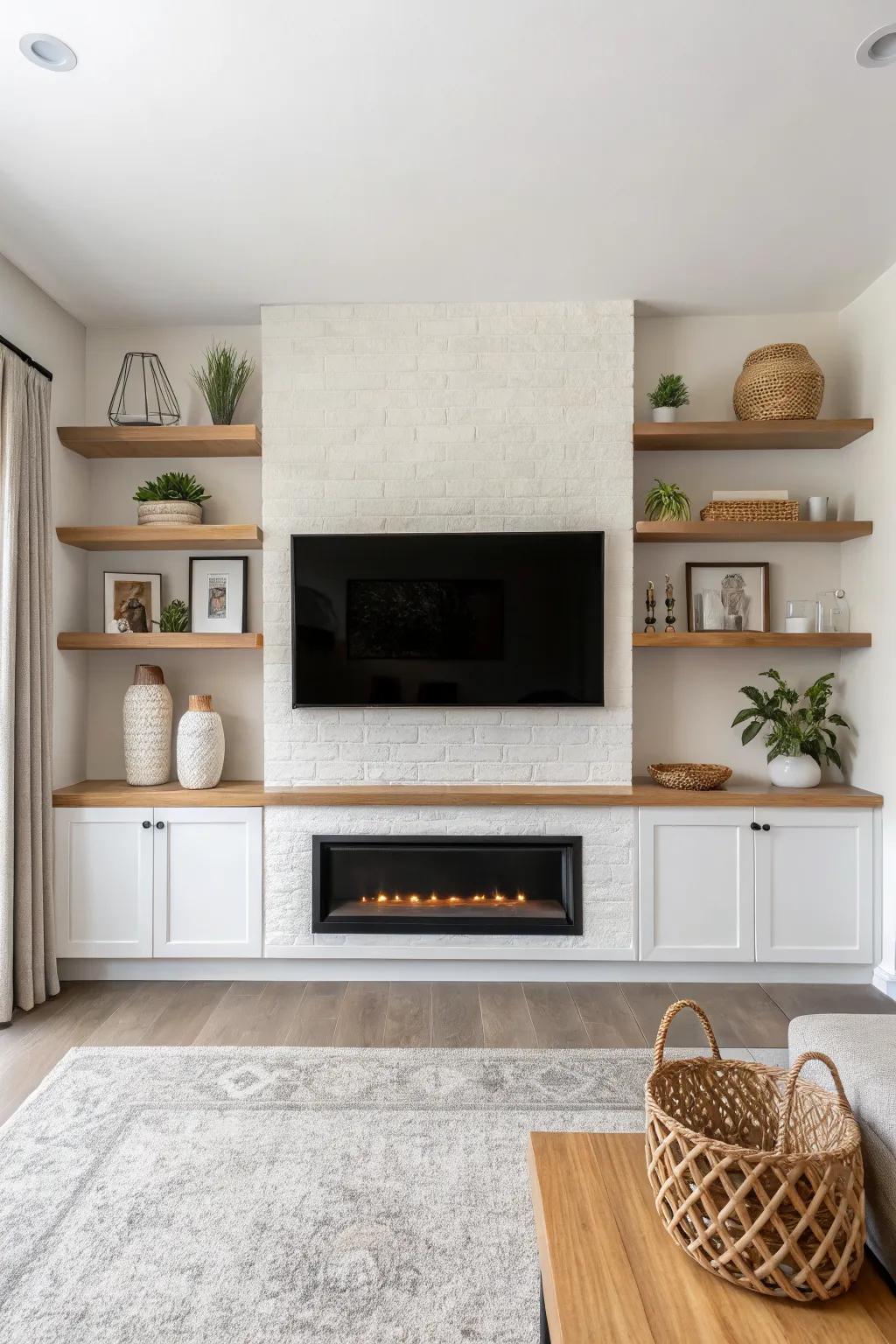 Symmetrical oak shelves and base cabinets frame the TV + fireplace for a custom, clutter-free look.